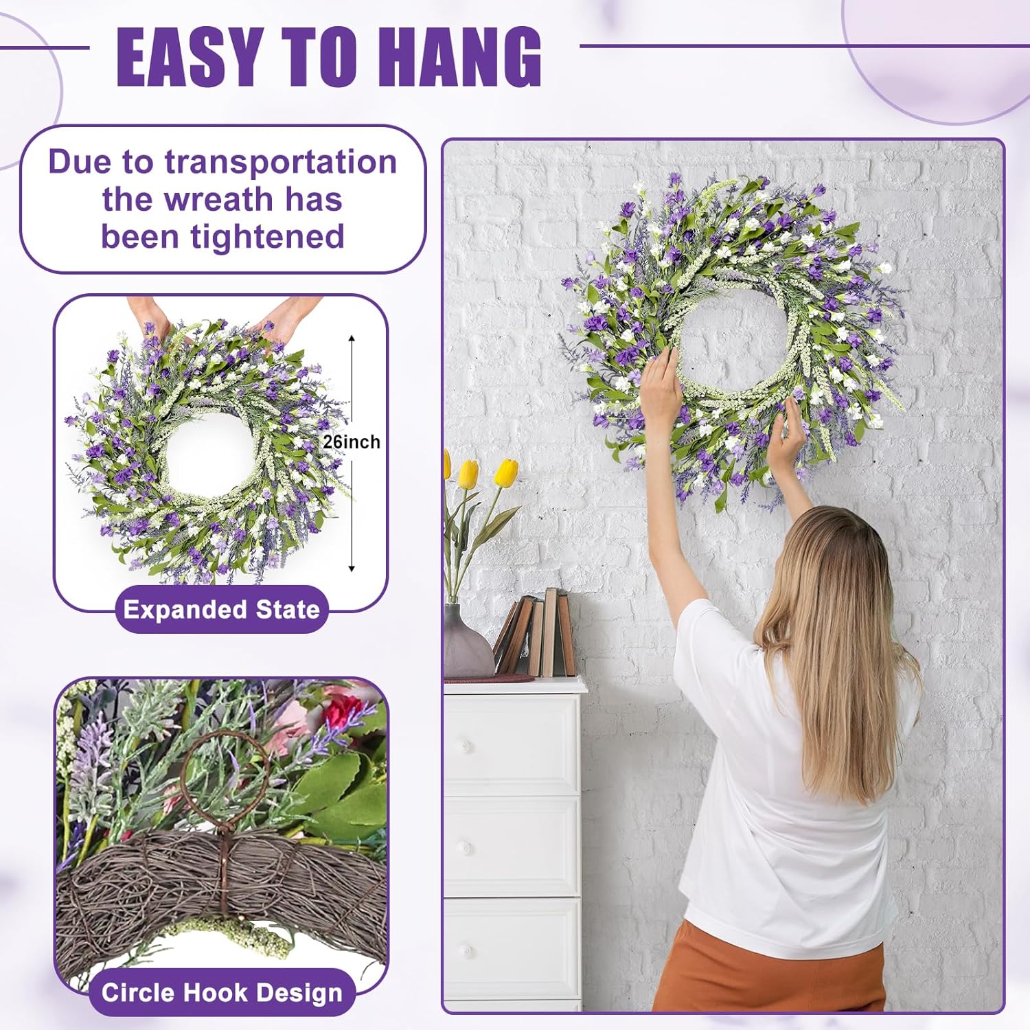 Artgar 26 Inch Lavender Wreath for Front Door