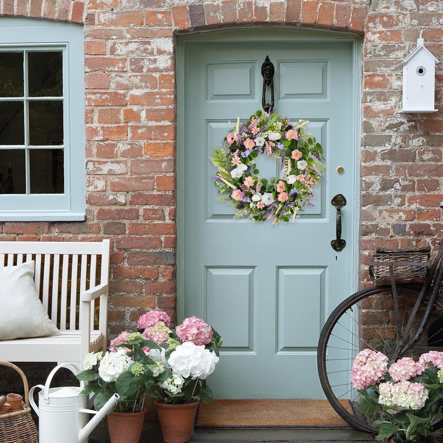 22 Inch Faux White Morning Glory Wreath for Front Door