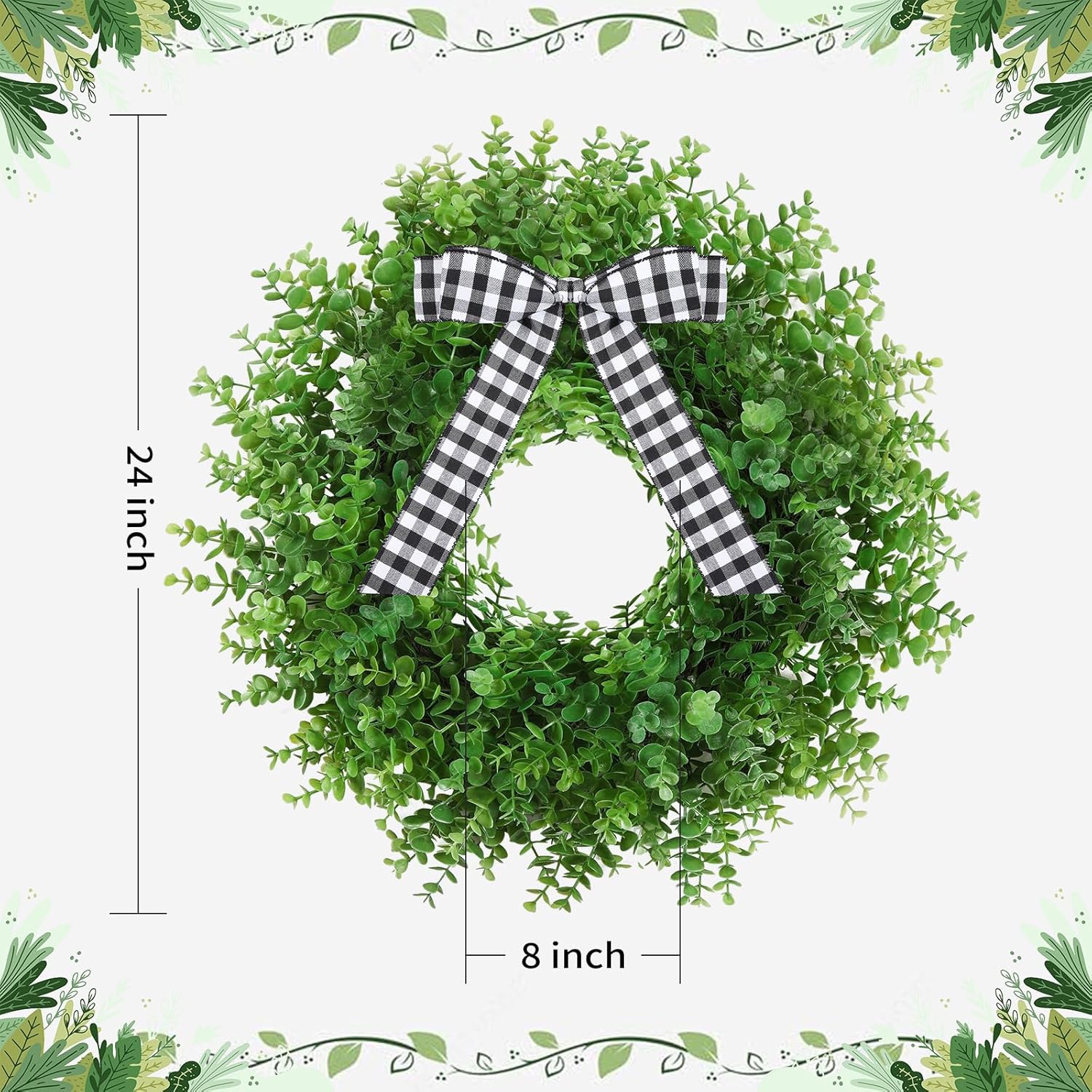 Artificial Boxwood Wreath with 3 Plaid Bows for Front Door