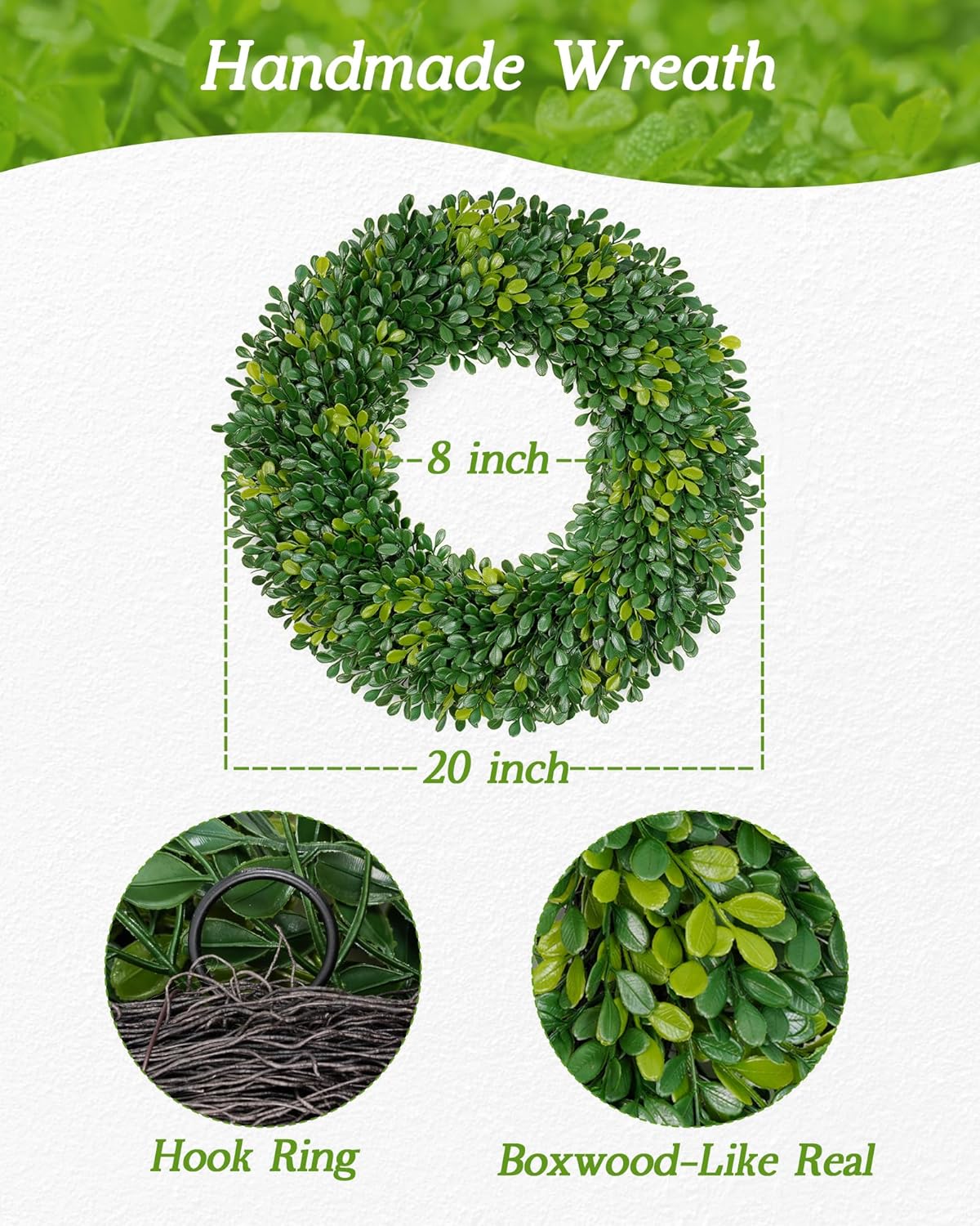 Vlorart 20 Inch Boxwood Wreath for Front Door