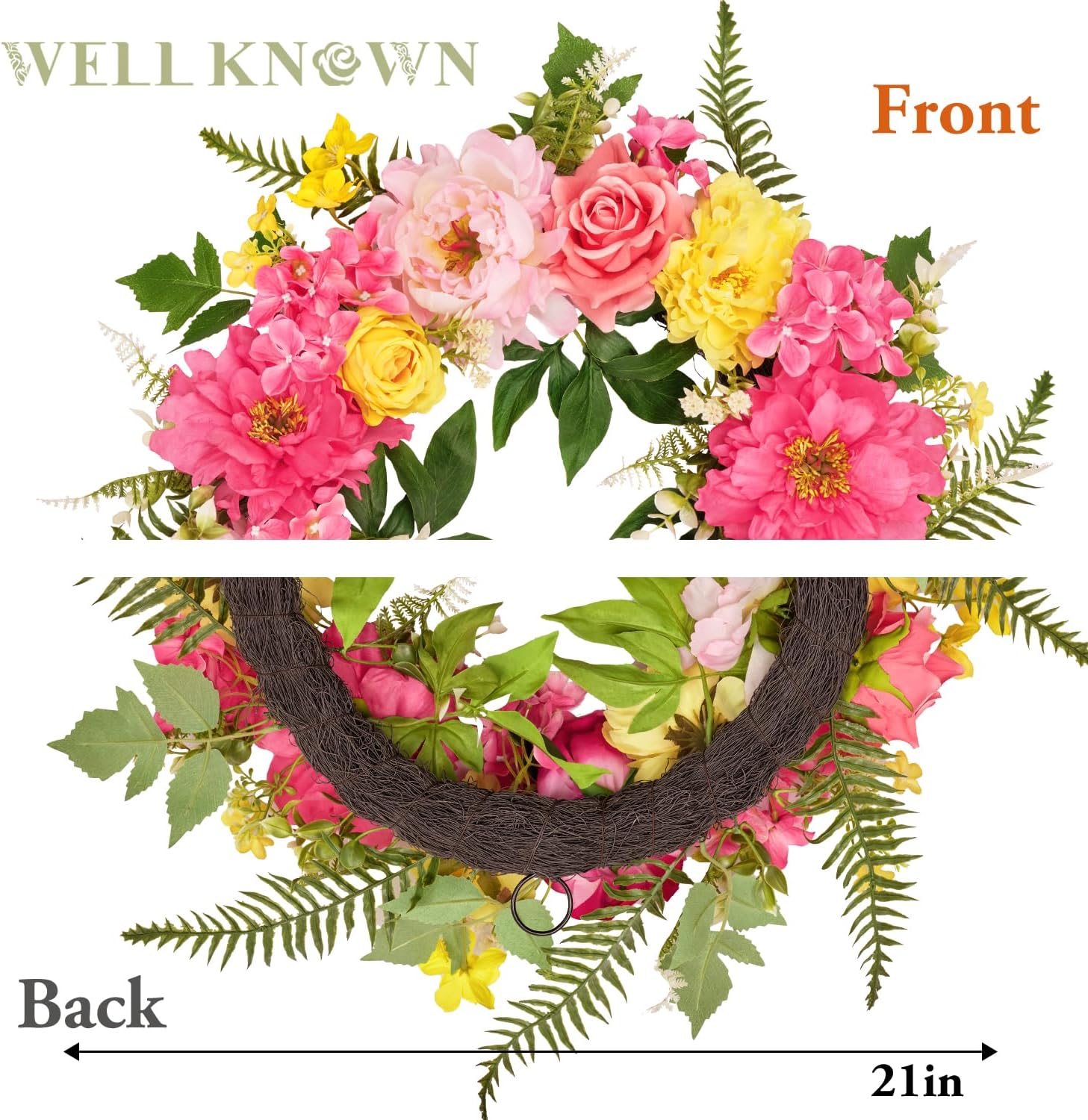 Bright Spring Wreath for Front Door with Peonies and Roses