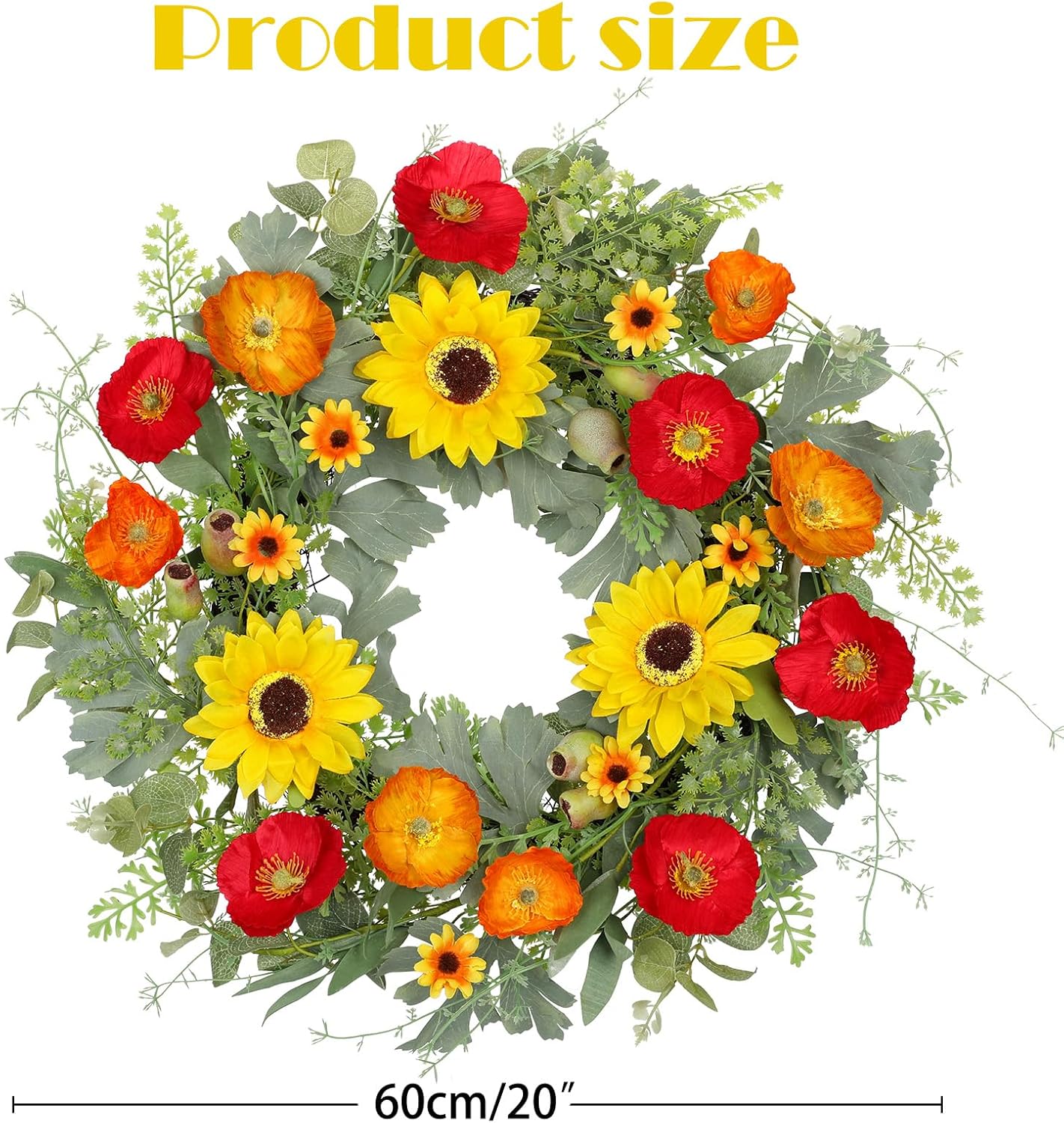 Hollyone 20 Inch Artificial Spring Wreath with Sunflowers and Eucalyptus Leaves