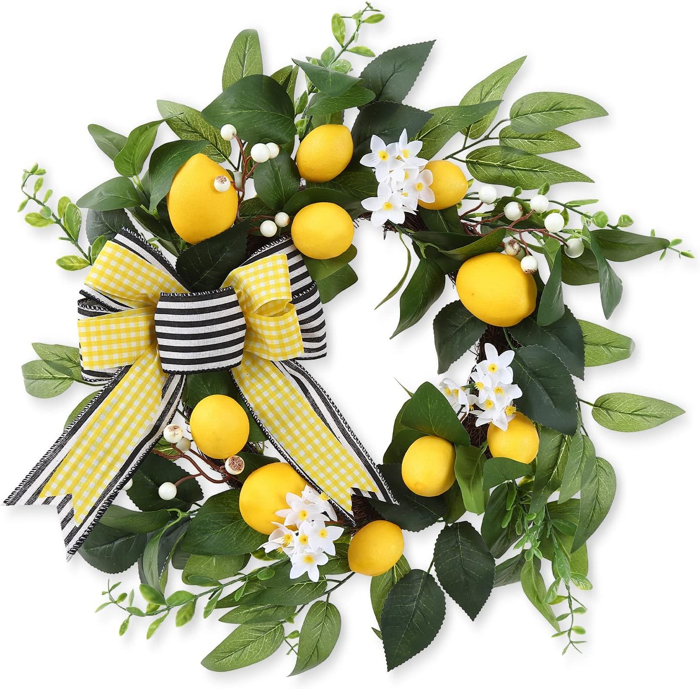 20 Inch Lemon Wreath for Front Door with Daisy Bow Eucalyptus Leaves and White Berries
