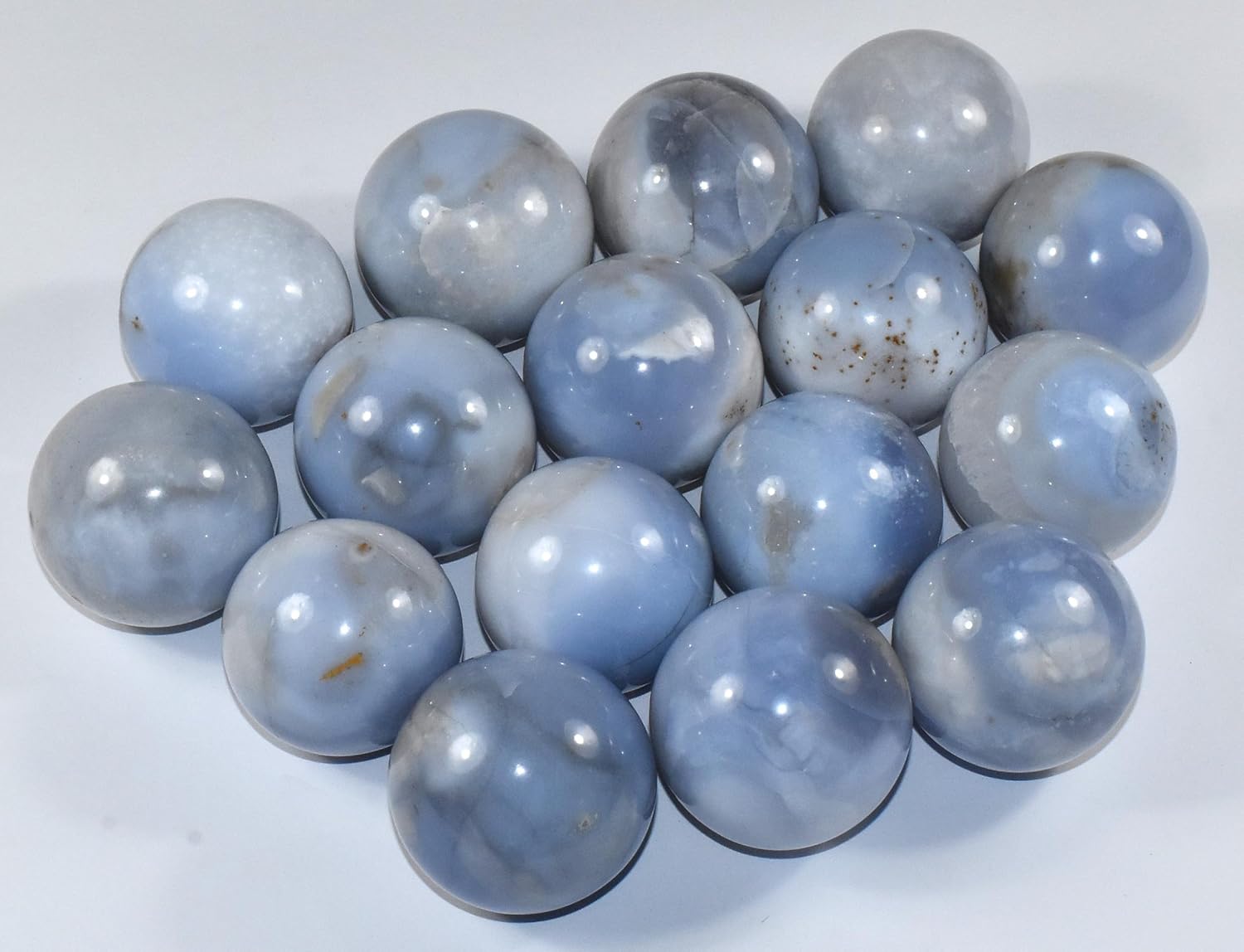 Pair 45mm Blue Chalcedony Carved Spheres with Stand