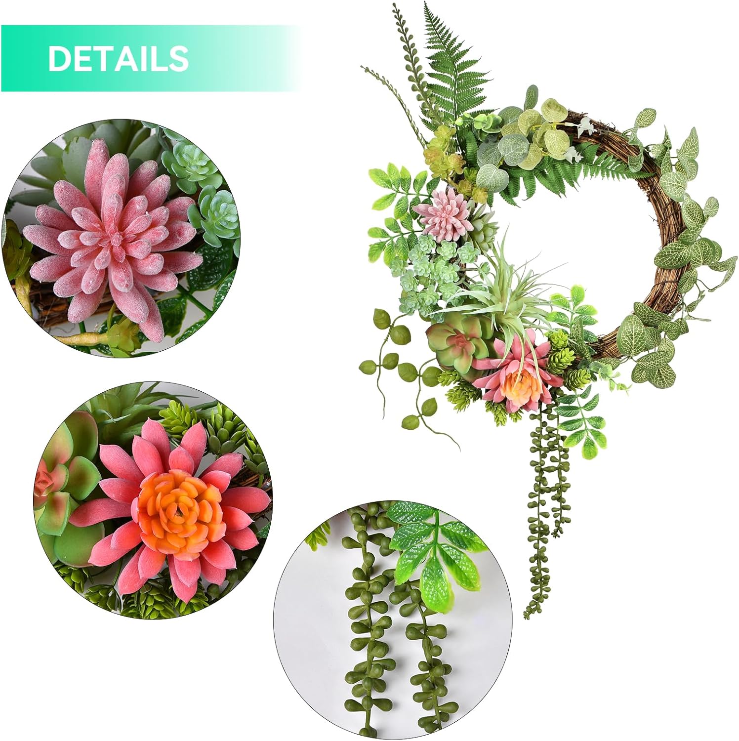 Beinhome 16 Inch Artificial Succulent Wreath for Front Door and Wall Decor