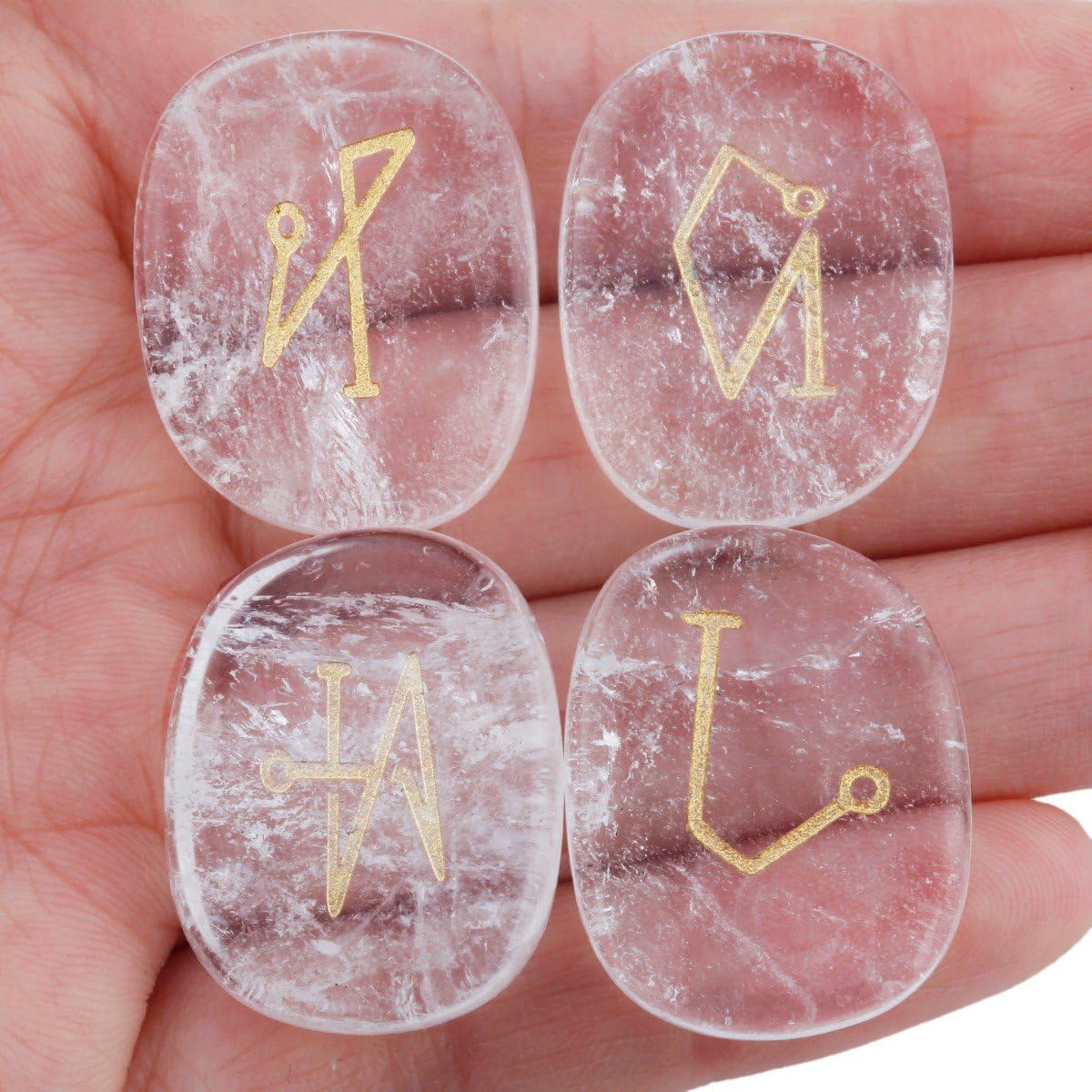 SUNYIK Flat Oval Rock Quartz Angel Symbols Set of 4