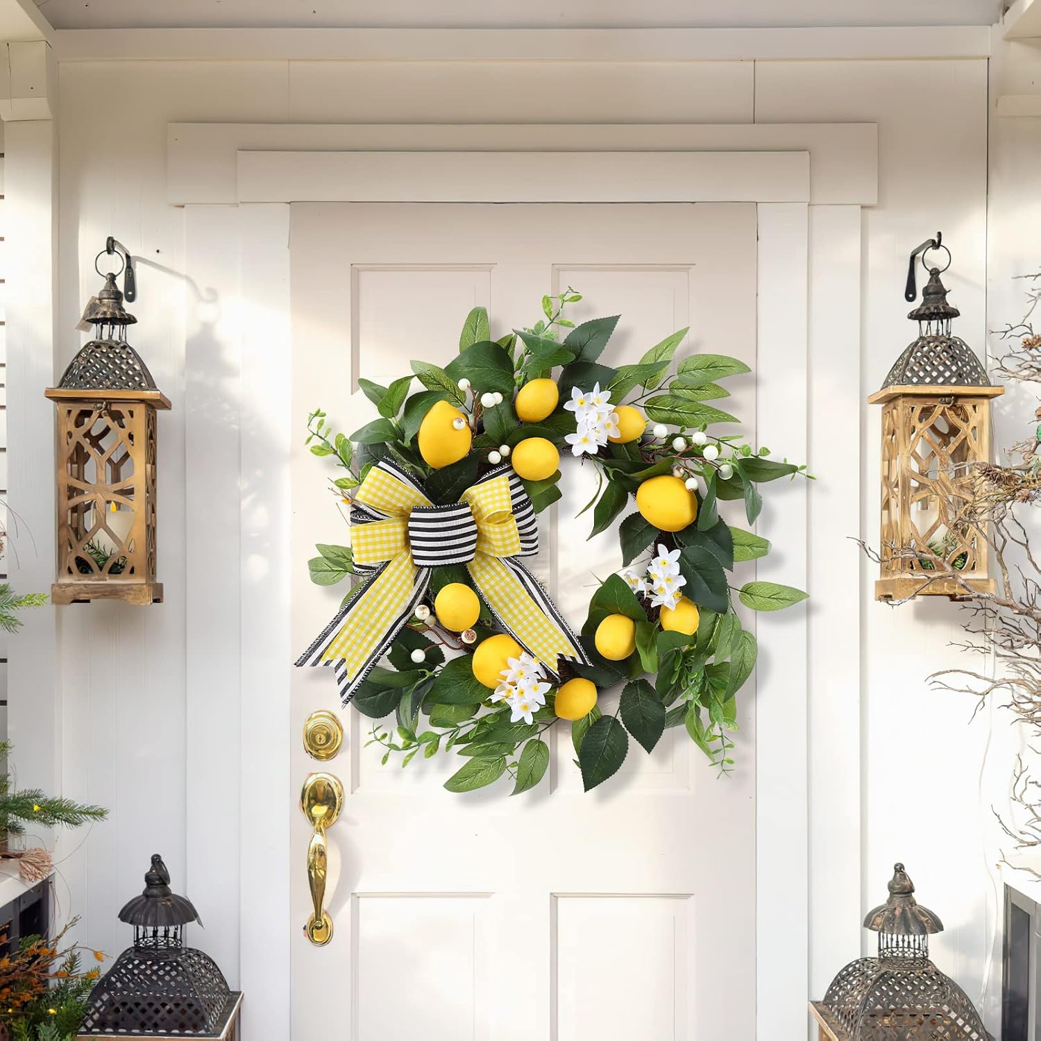 20 Inch Lemon Wreath for Front Door with Daisy Bow Eucalyptus Leaves and White Berries
