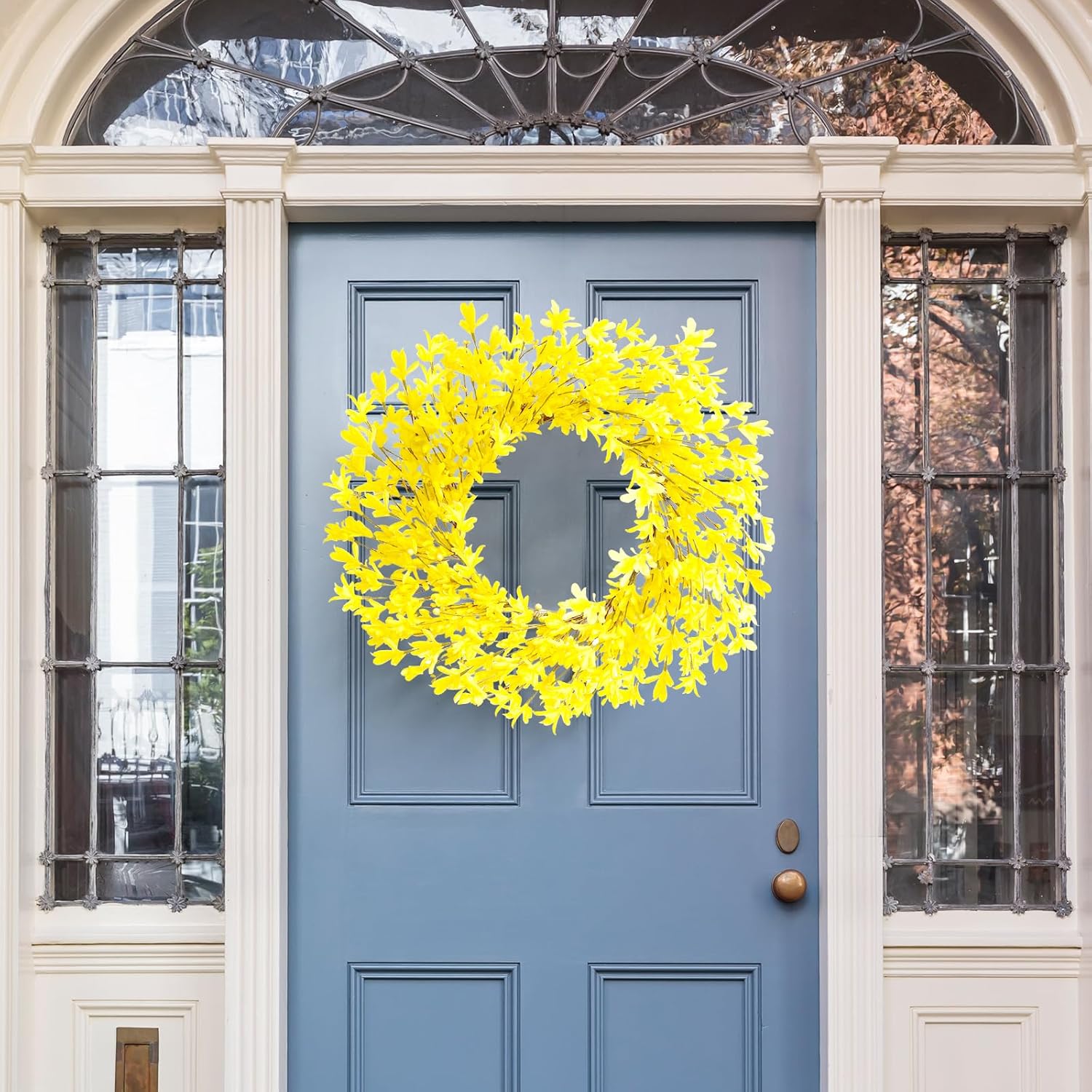 20 inch Artificial Forsythia Wreath for Front Door and Porch Decor