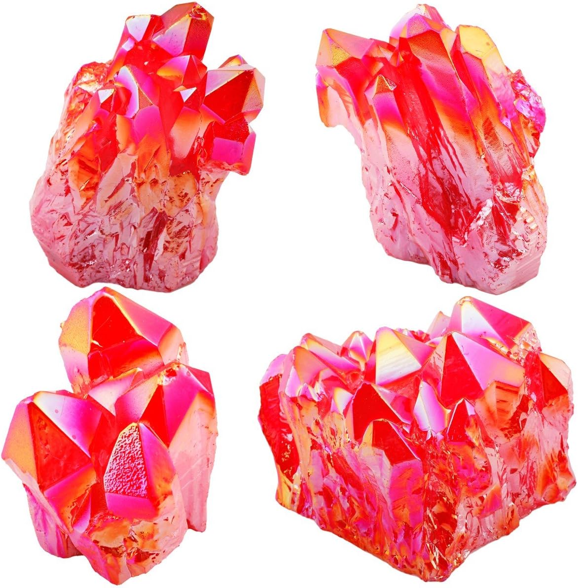 Rockcloud Healing Crystal Pack of 2 Natural Titanium Coated Fluorescent Red Rock Quartz Clusters