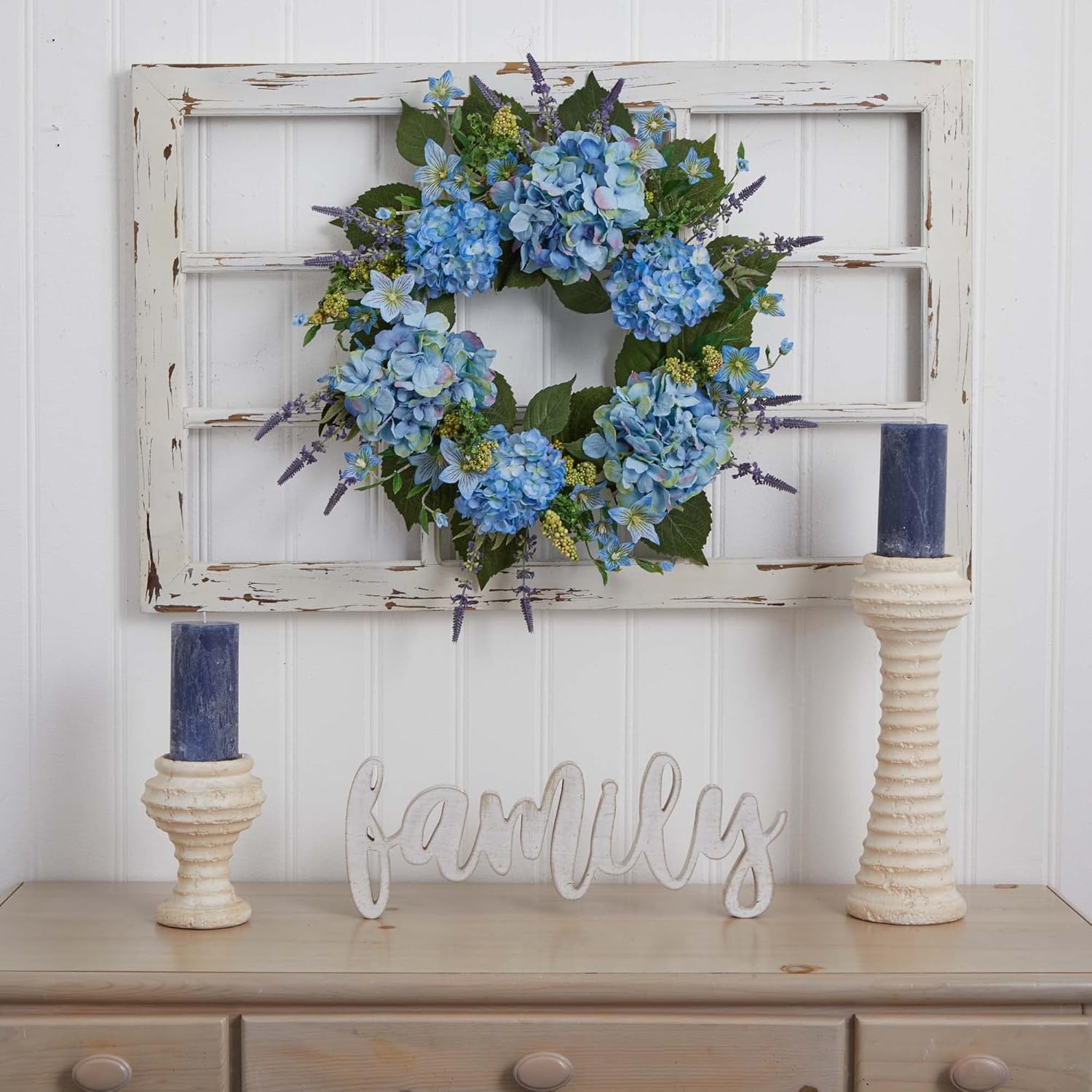 Nearly Natural 24 Inch Hydrangea Wreath Blue