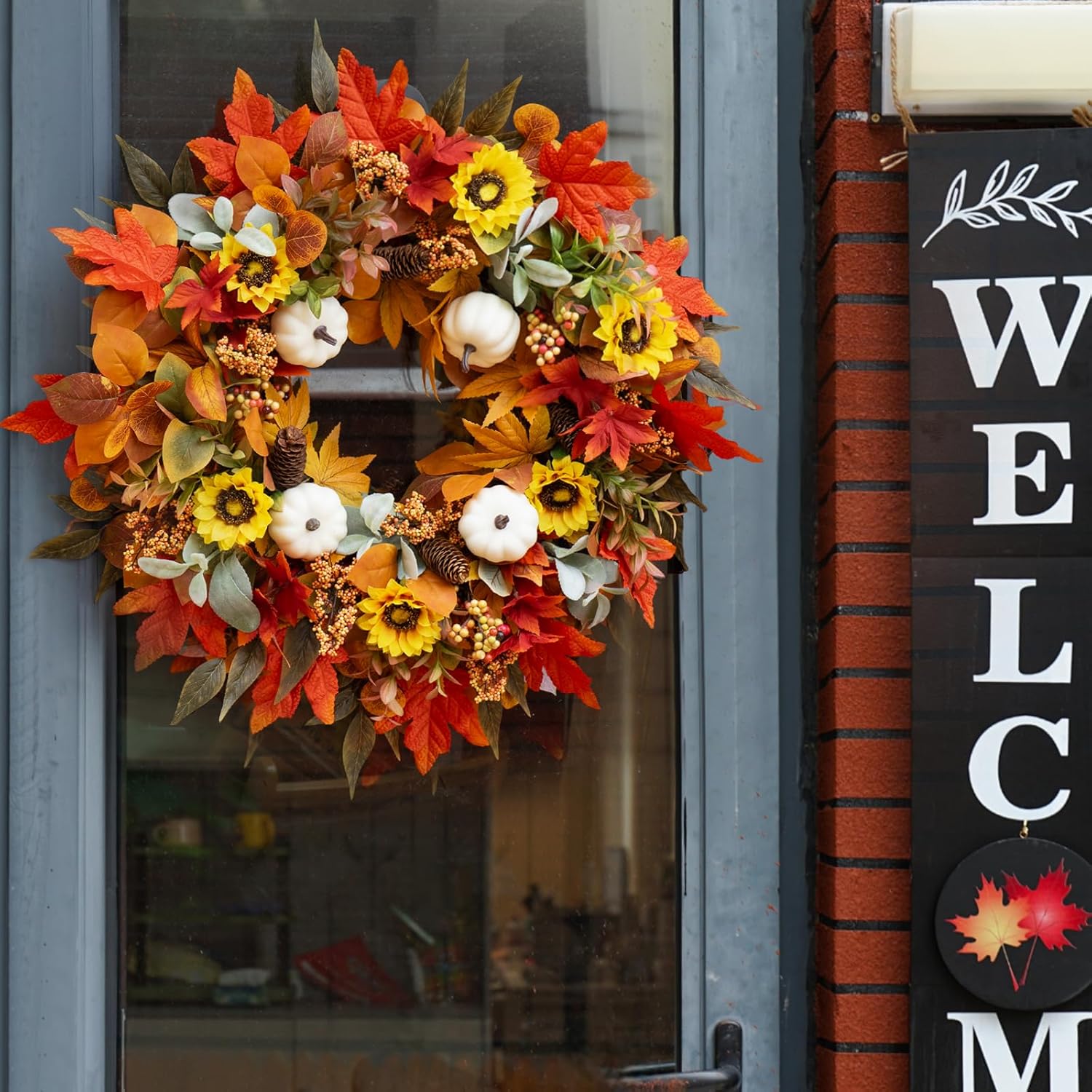Fall Wreaths for Front Door 24 Inch Autumn Decor with Pumpkins Maple Leaves Wildflowers Berries
