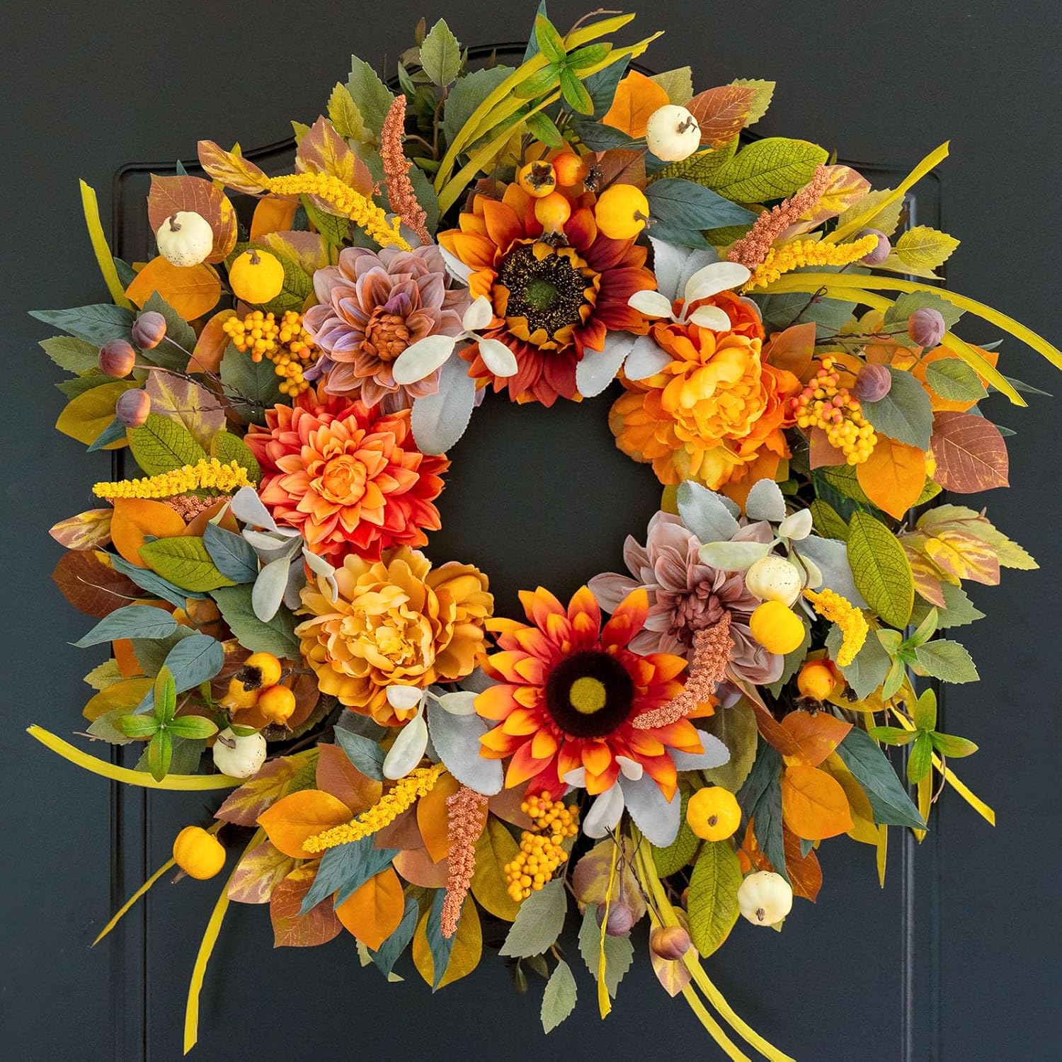 24 Inch Fall Wreath with Sunflowers Dahlias Pumpkins for Front Door