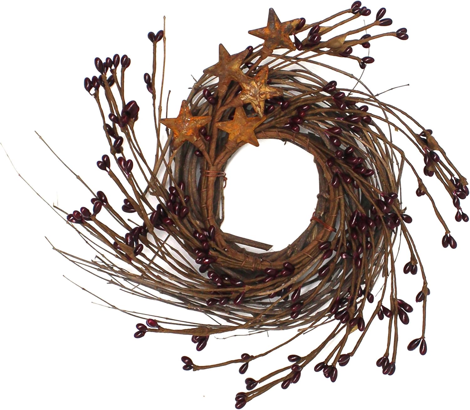 Rustic Wreath with Barn Stars and Berries 7-Inch Burgundy