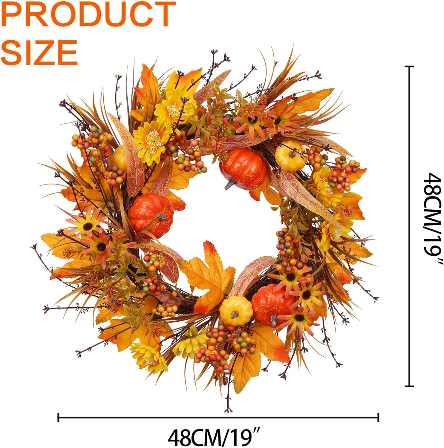 19 Inch Fall Wreath with Pumpkins and Maple Leaves