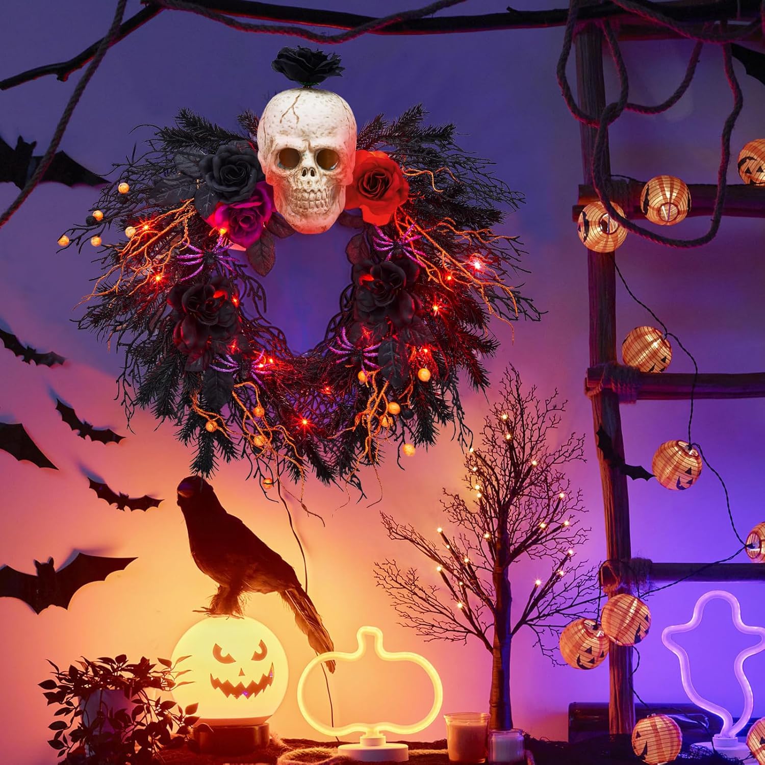 20 Inch Halloween Wreath with Spider Skull Rose Lights
