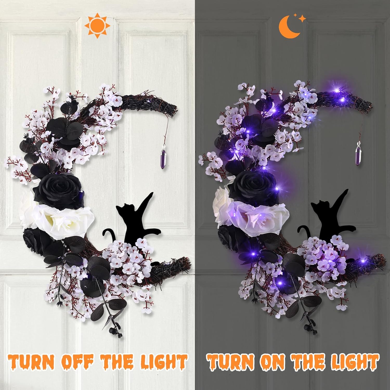 MyCoats 2025 Halloween Door Wreath with Black Cat Moon Light