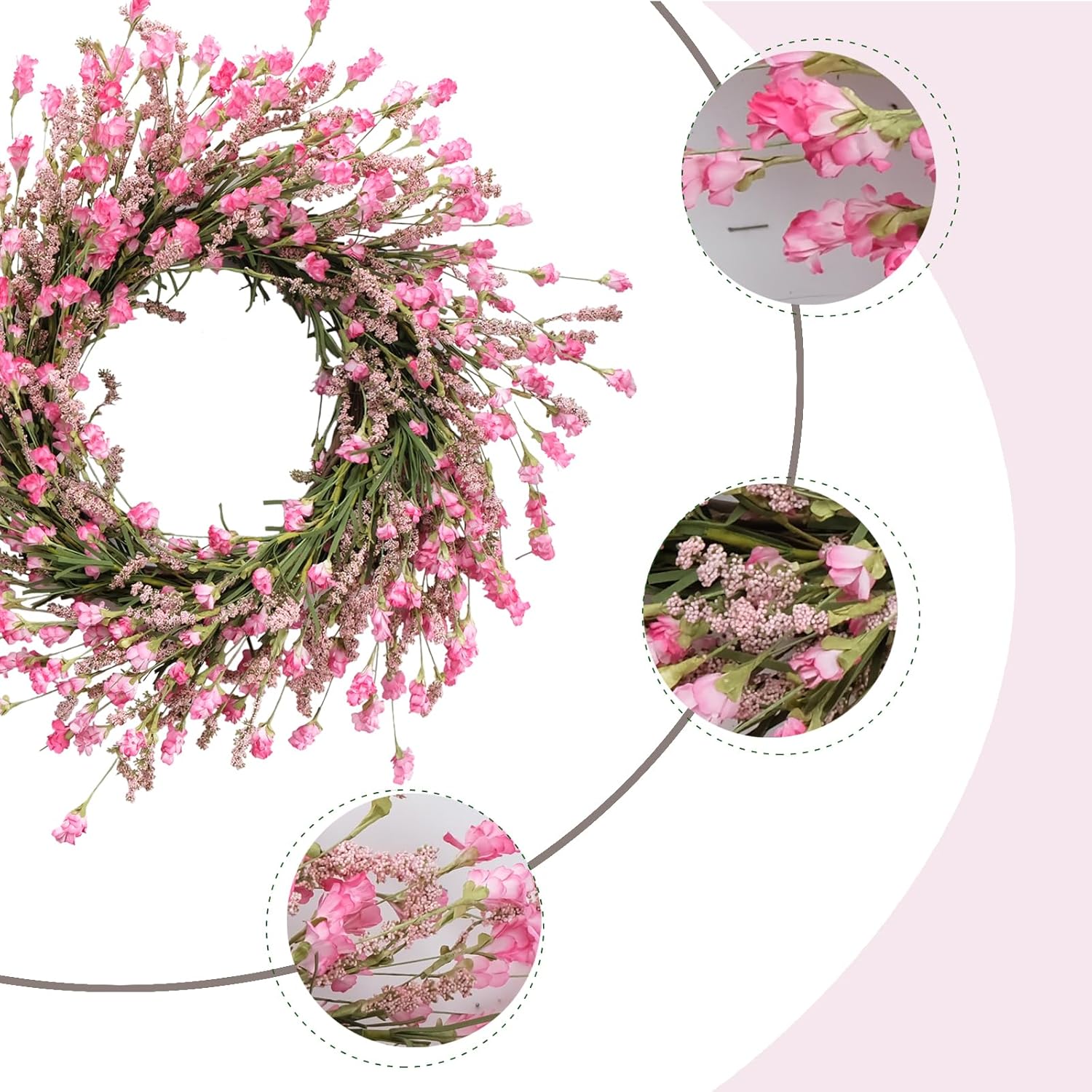 TEMPUS 20 Inch Pink Flower Wreath for Front Door