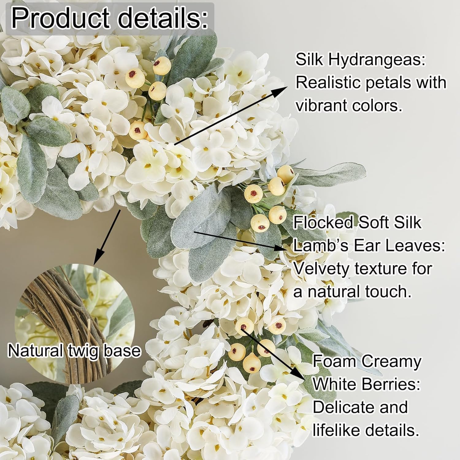 Cream Hydrangea Wreath for Front Door Wedding Decor 18 Inch