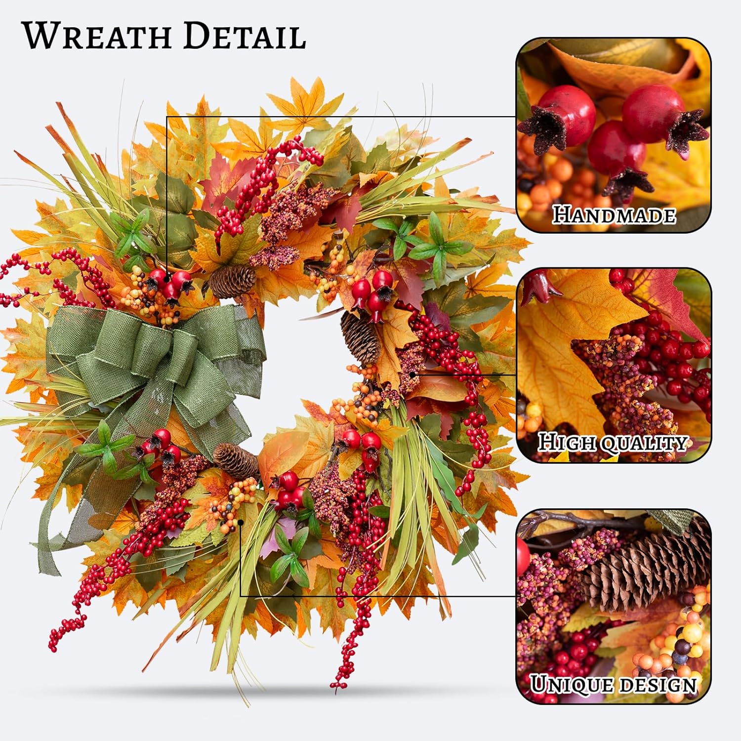 24 Inch Artificial Autumn Door Wreath with Green Bow and Maple Leaves