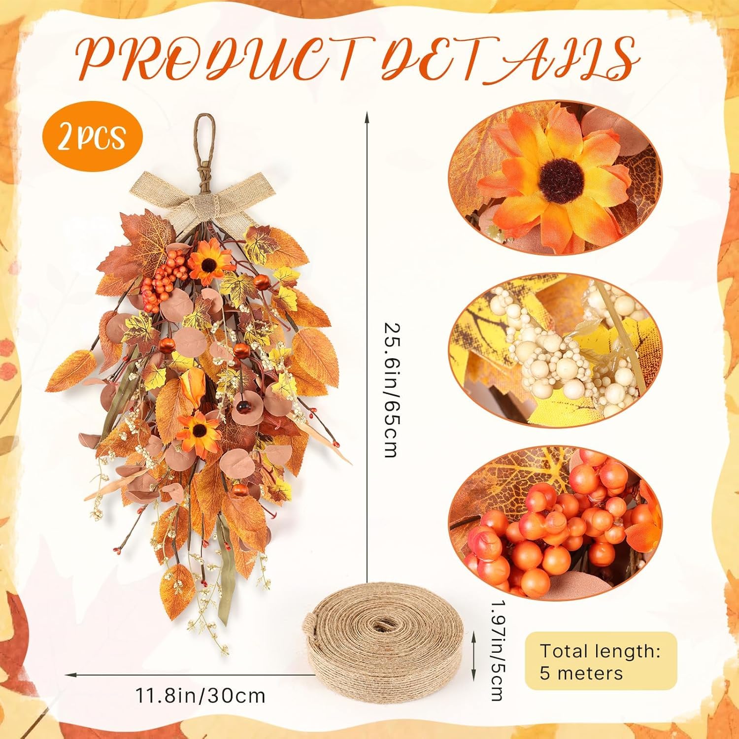 2 Pcs 24 Inch Artificial Autumn Teardrop Wreath
