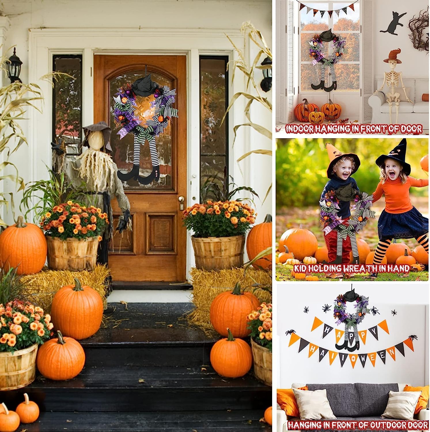 Halloween Witch Wreath Front Door Decor Black Wreath with Hat and Legs