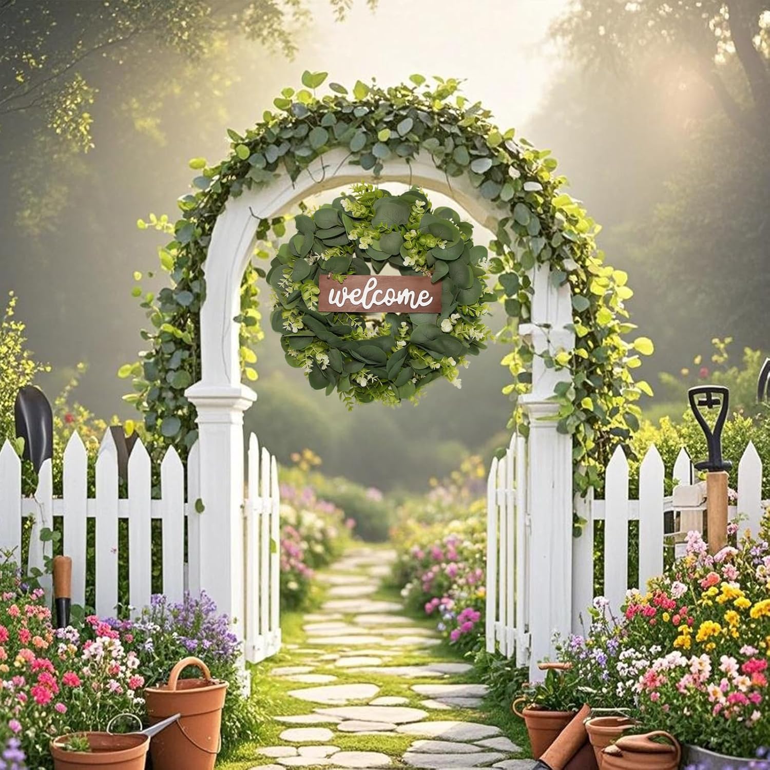 Green Eucalyptus Leaf Wreath with Welcome Sign