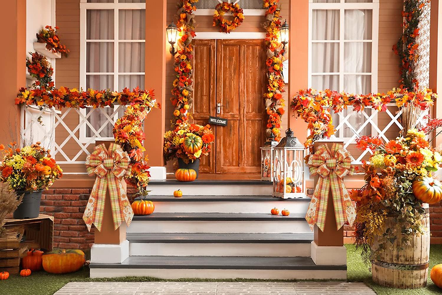 Large Fall Pumpkin Bow Wreath for Thanksgiving and Autumn Decor