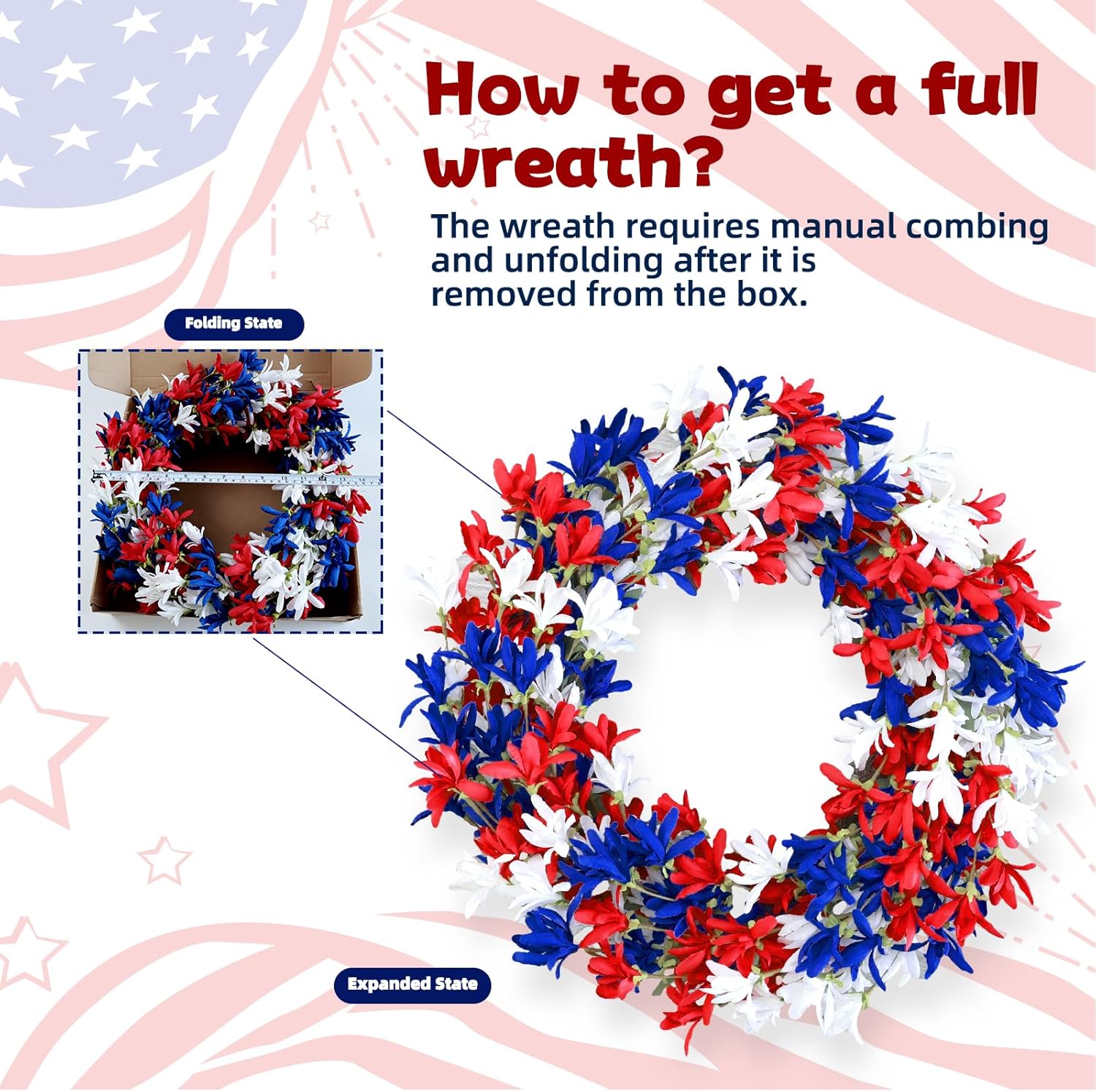 4th of July Wreath with Red White Blue Flowers for Front Door