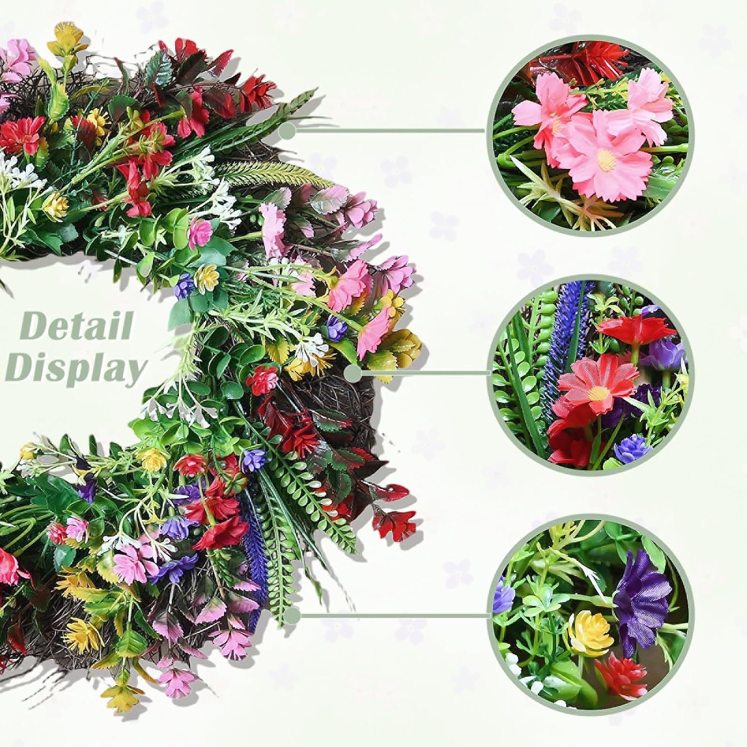 Daisy and Lavender Wildflower Artificial Spring Wreath for Front Door Home Decor 18 Inches