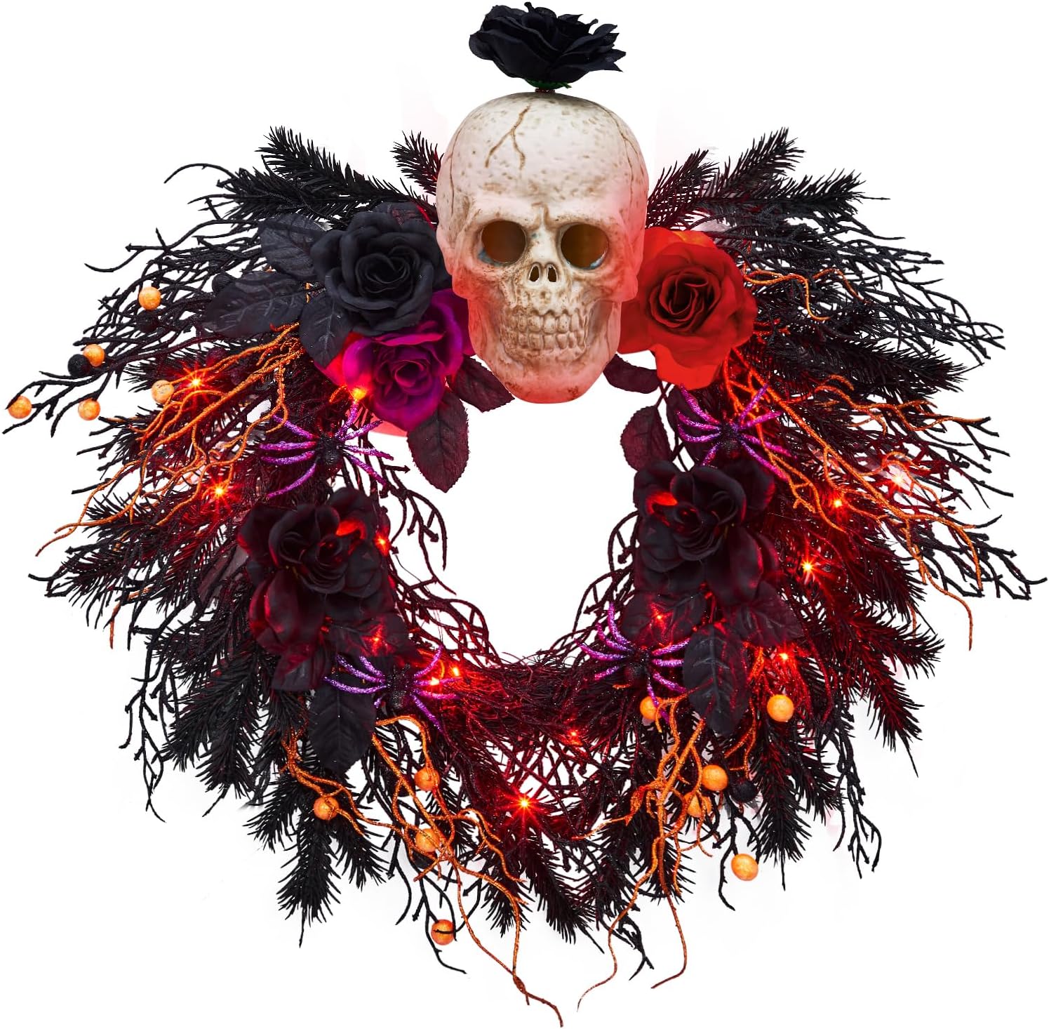 20 Inch Halloween Wreath with Spider Skull Rose Lights