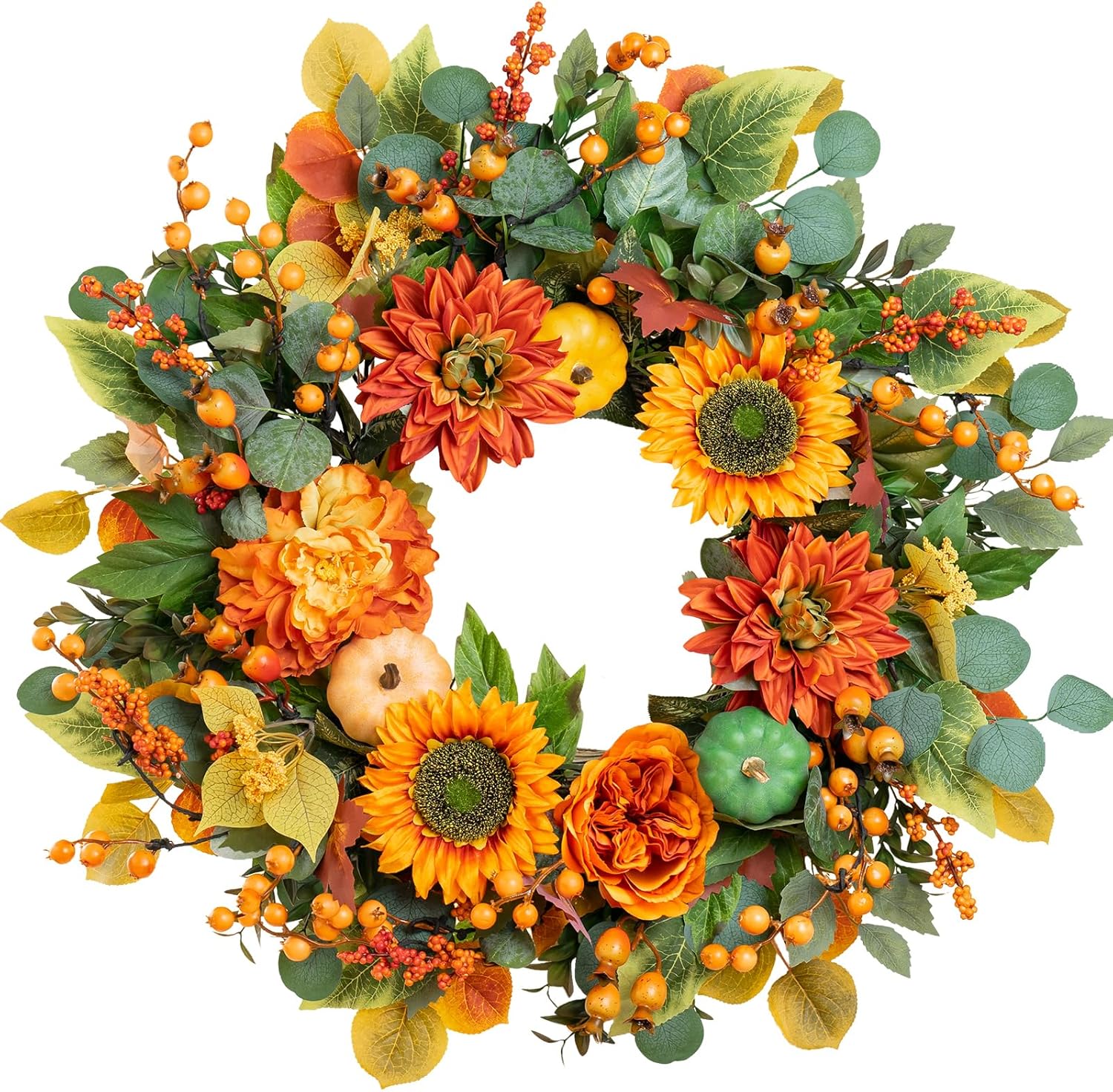 24 Inch Autumn Wreath with Sunflowers and Maple Leaves