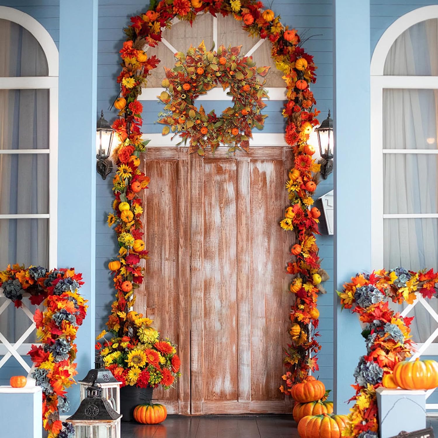 22 Inch Artificial Fall Wreath with Pumpkin and Maple Leaves