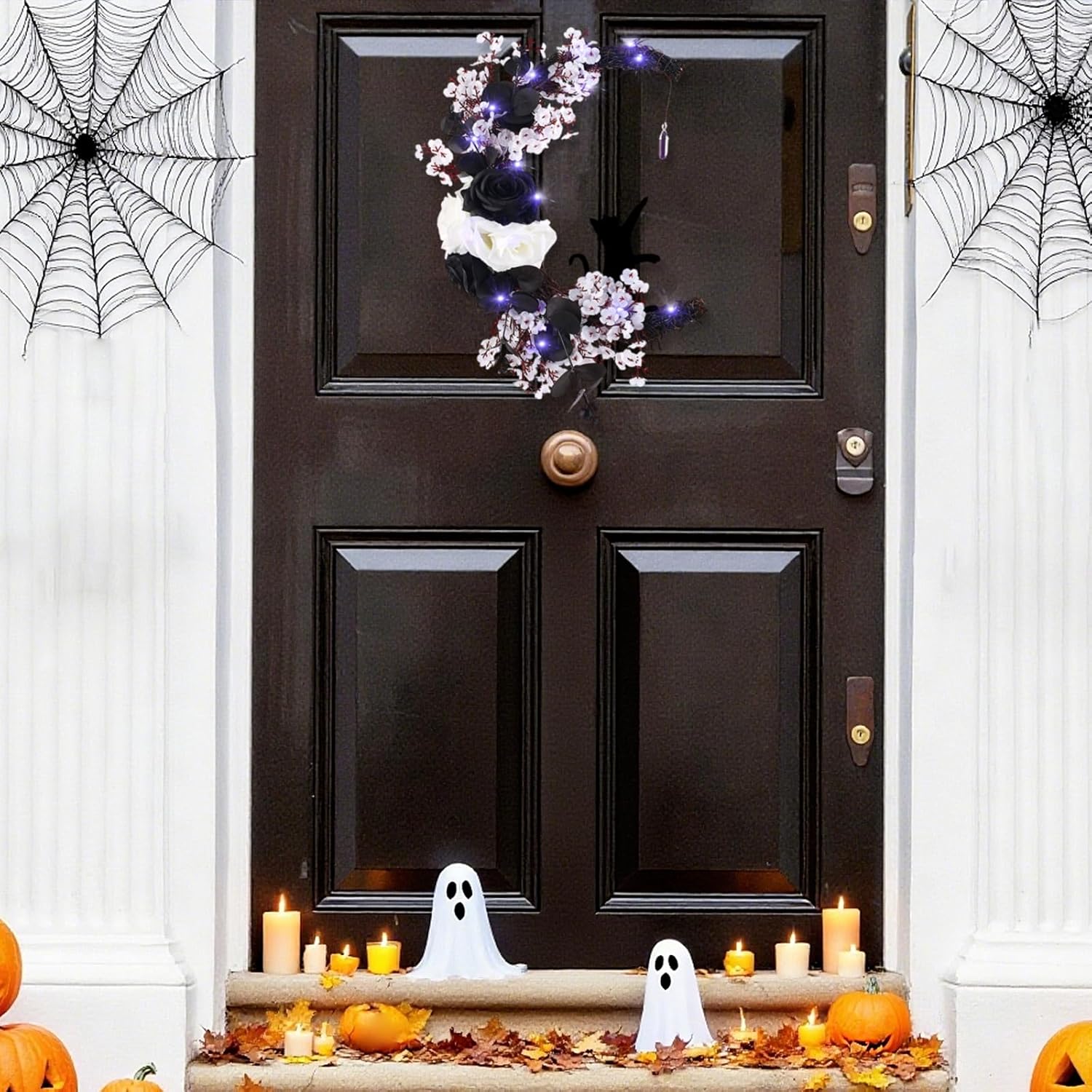 MyCoats 2025 Halloween Door Wreath with Black Cat Moon Light