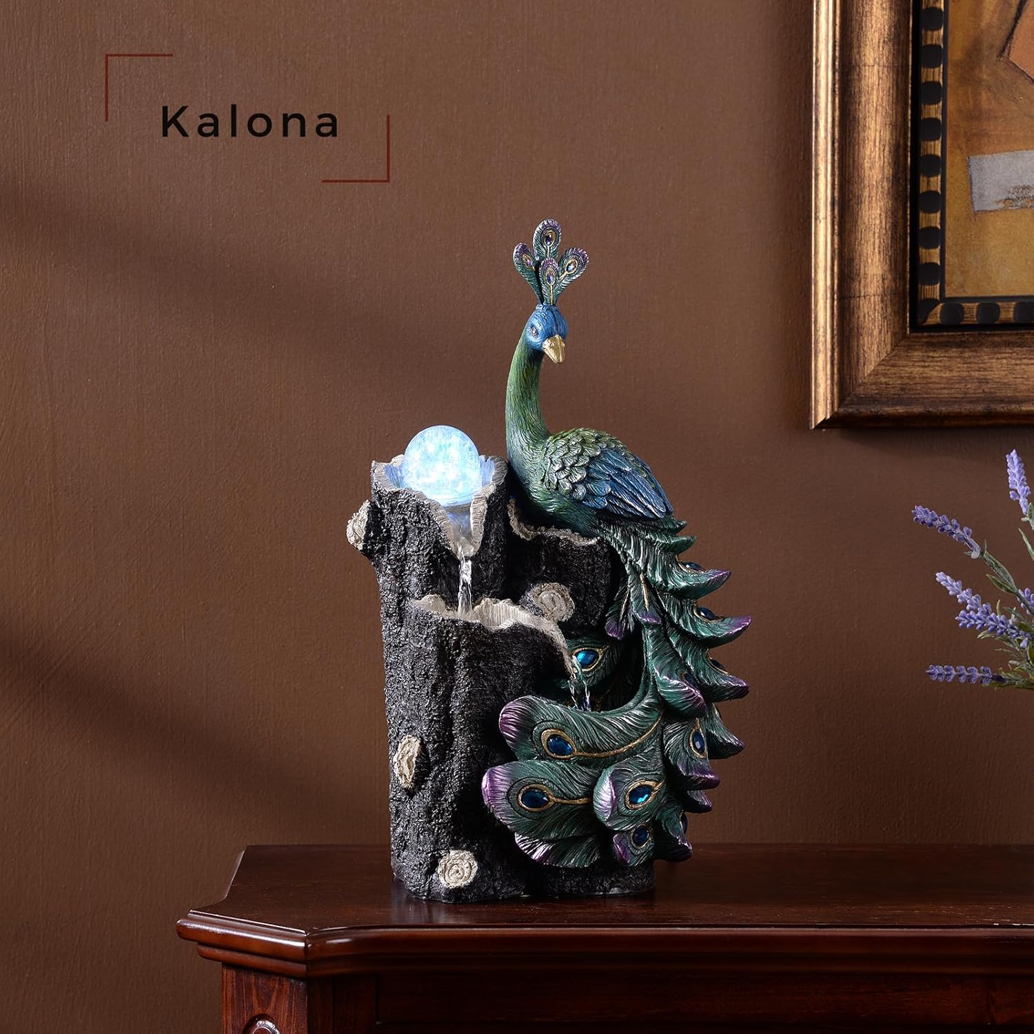 Kalona 1339 Inch Imitation Peacock Fountain with RGB LED Lights and Glass Rotating Ball