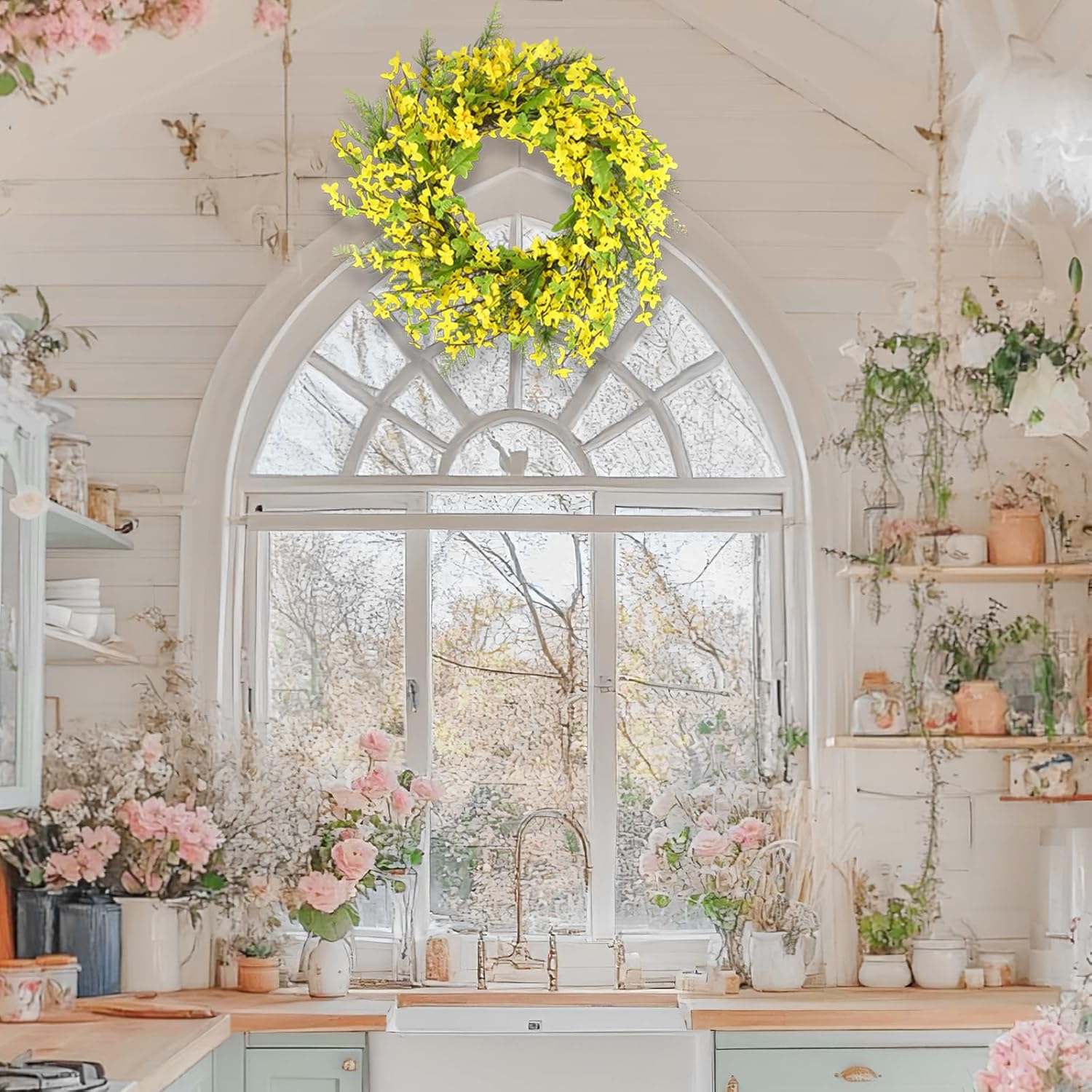 Cityes Yellow Forsythia Spring Wreath 20 Inches Artificial Floral Wreath for Front Door Decor