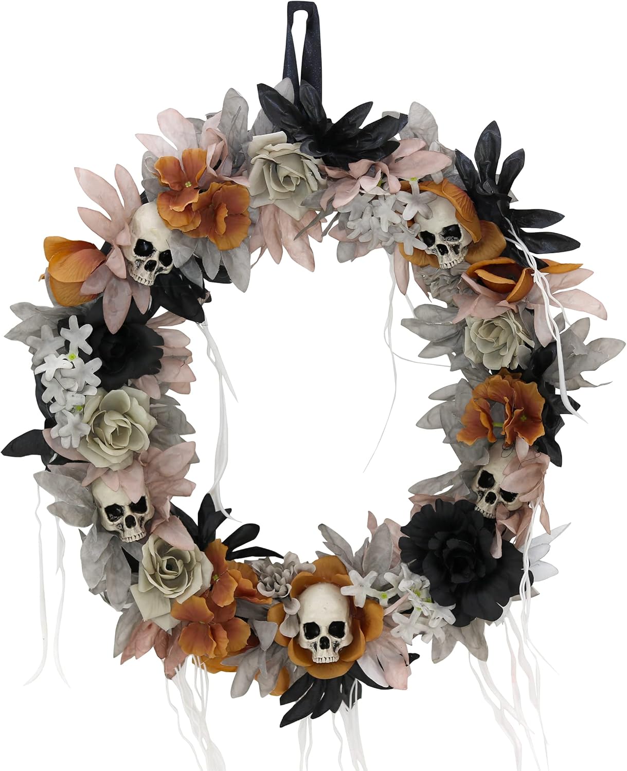 Haunted Hill Farm Gothic Skull Wreath with Multicolor Flowers