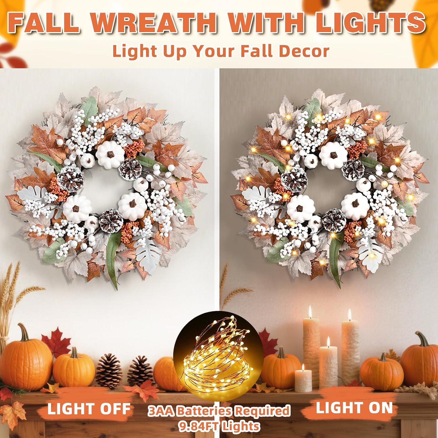 Fall Decorations for Home 20 Inch Wreath with Lights