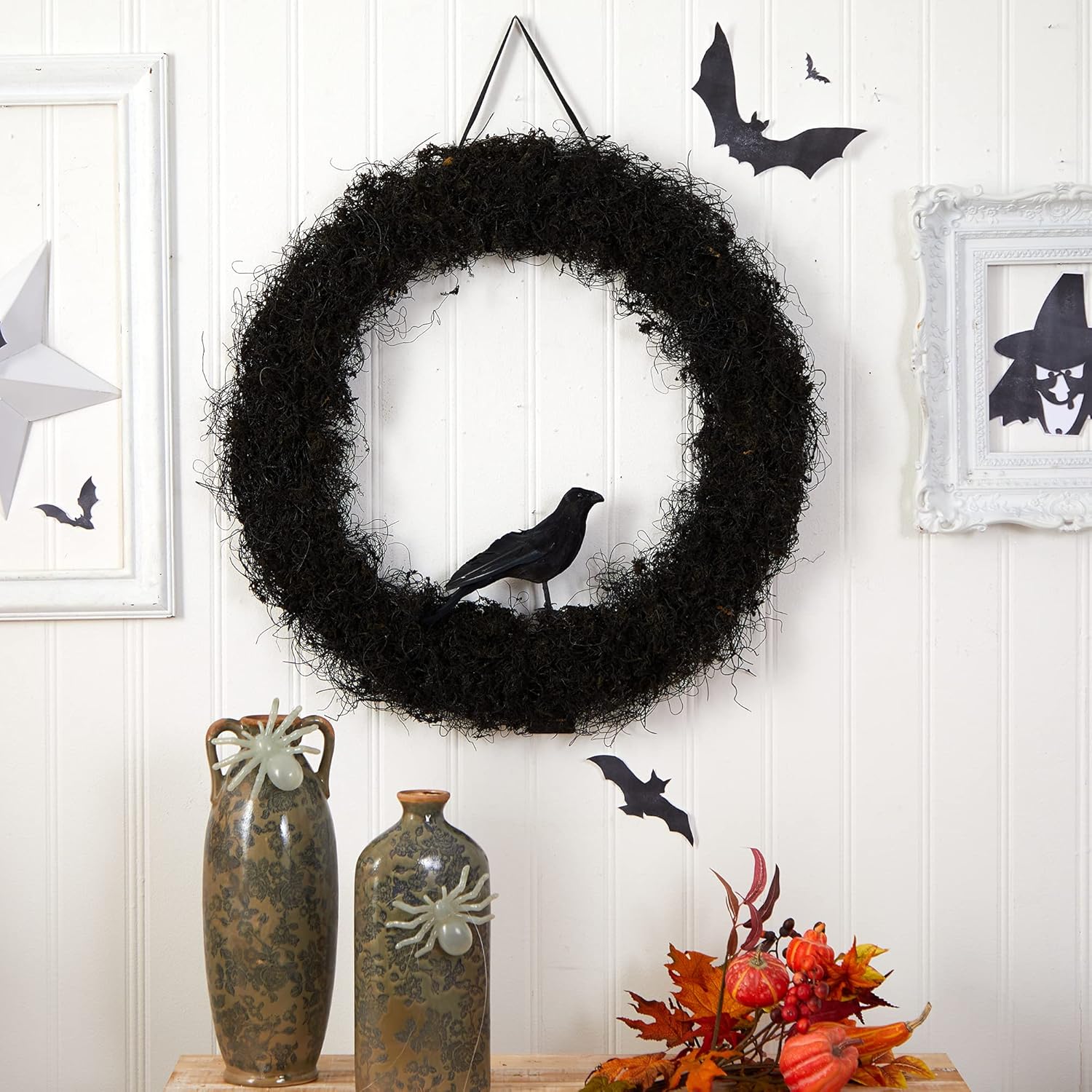 Nearly Natural 30in Halloween Black Raven Wreath