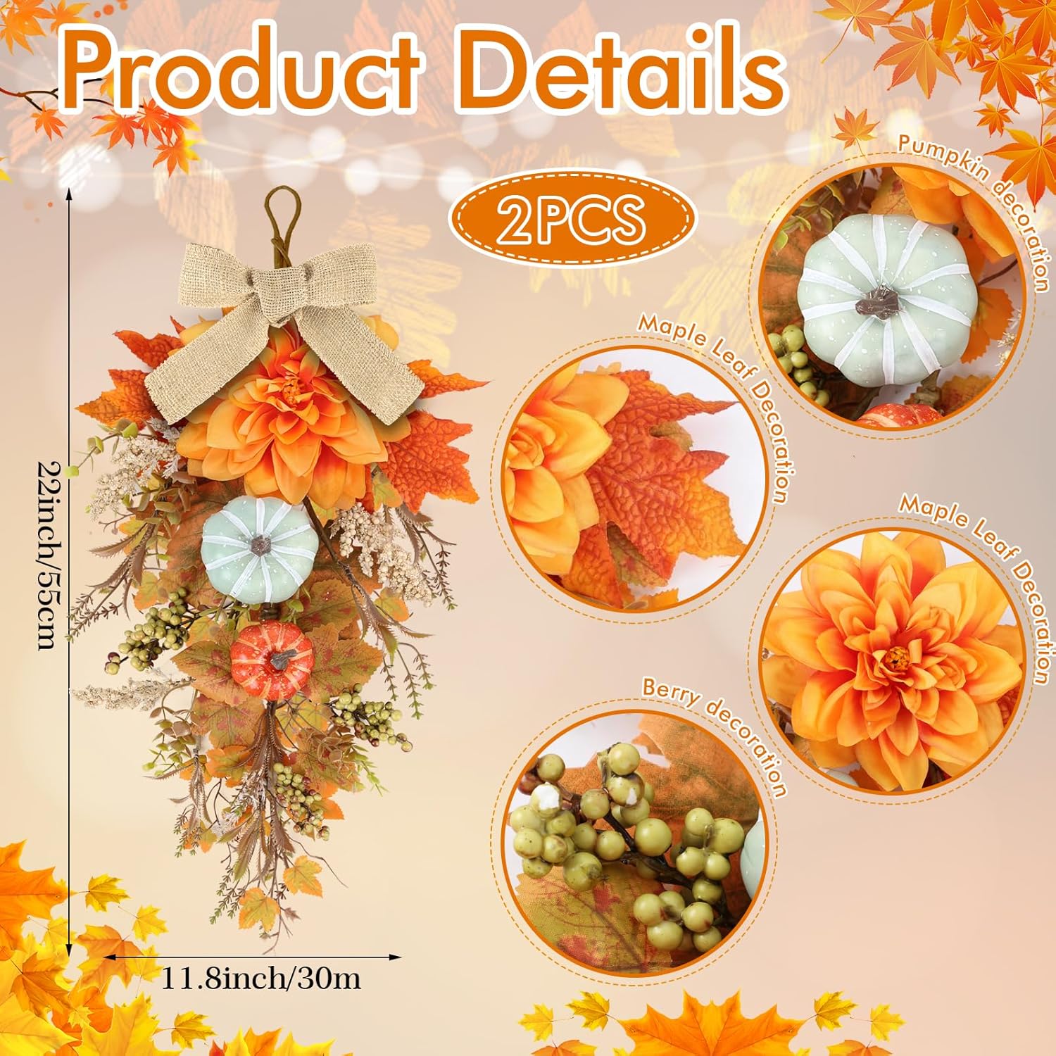 22 Fall Wreaths Front Door 2PCS Teardrop Swag Decor