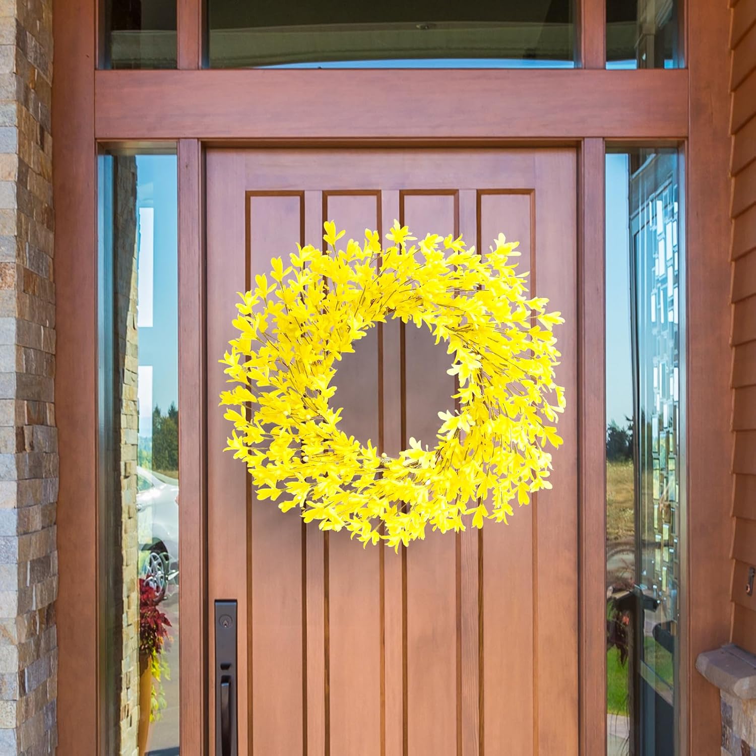 20 inch Artificial Forsythia Wreath for Front Door and Porch Decor