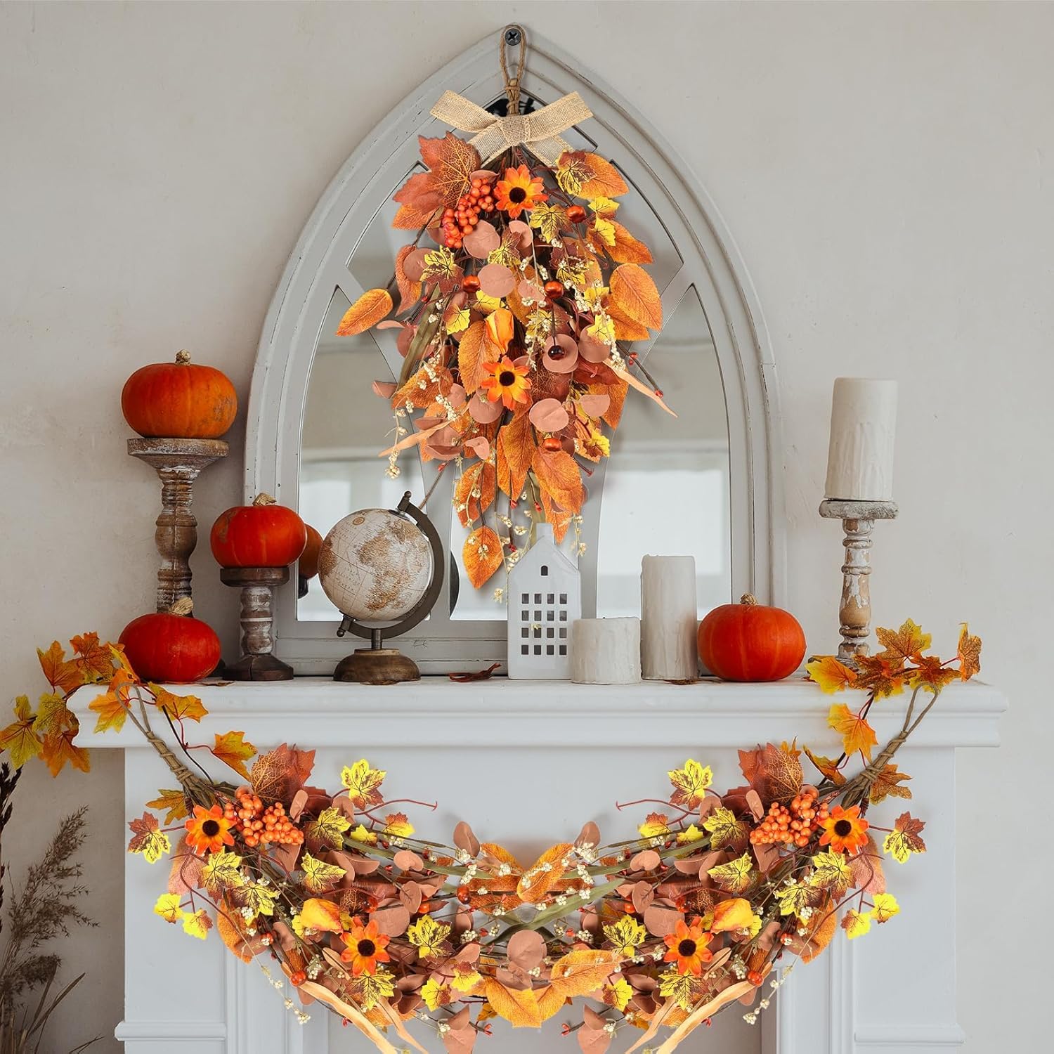 2 Pcs 24 Inch Artificial Autumn Teardrop Wreath