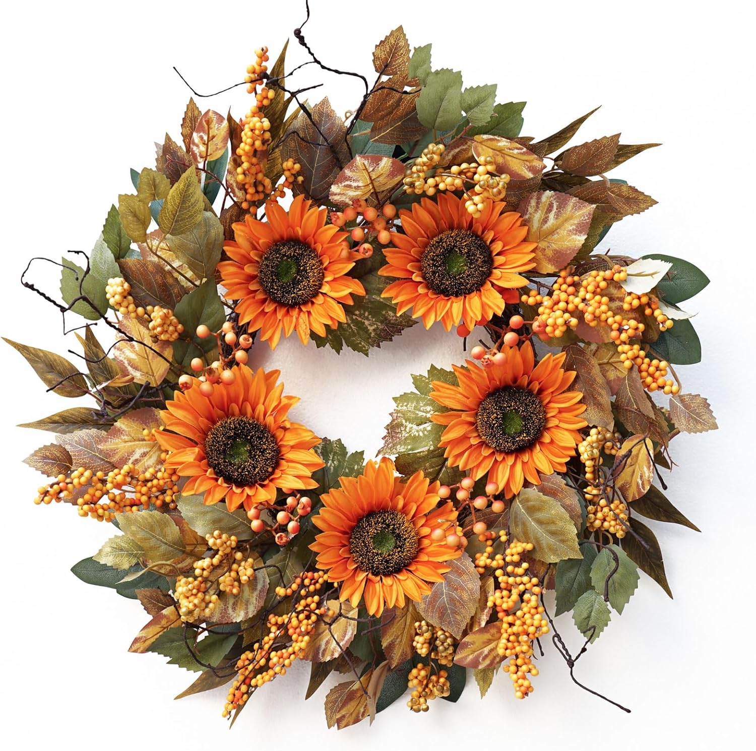 22 Inch Fall Door Wreath with Sunflowers and Leaves
