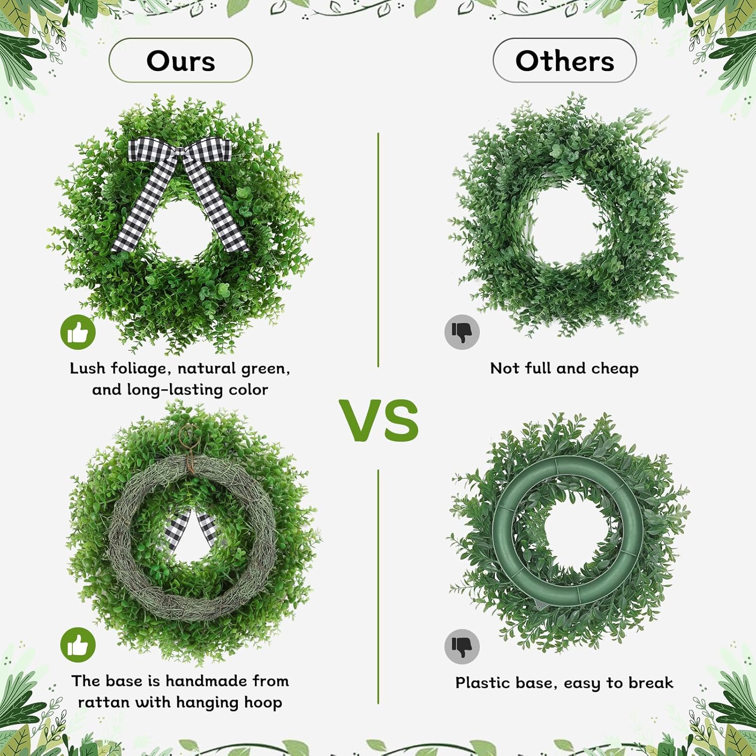 Artificial Boxwood Wreath with 3 Plaid Bows for Front Door