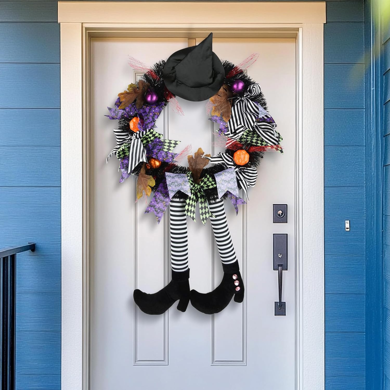 Halloween Witch Wreath Front Door Decor Black Wreath with Hat and Legs