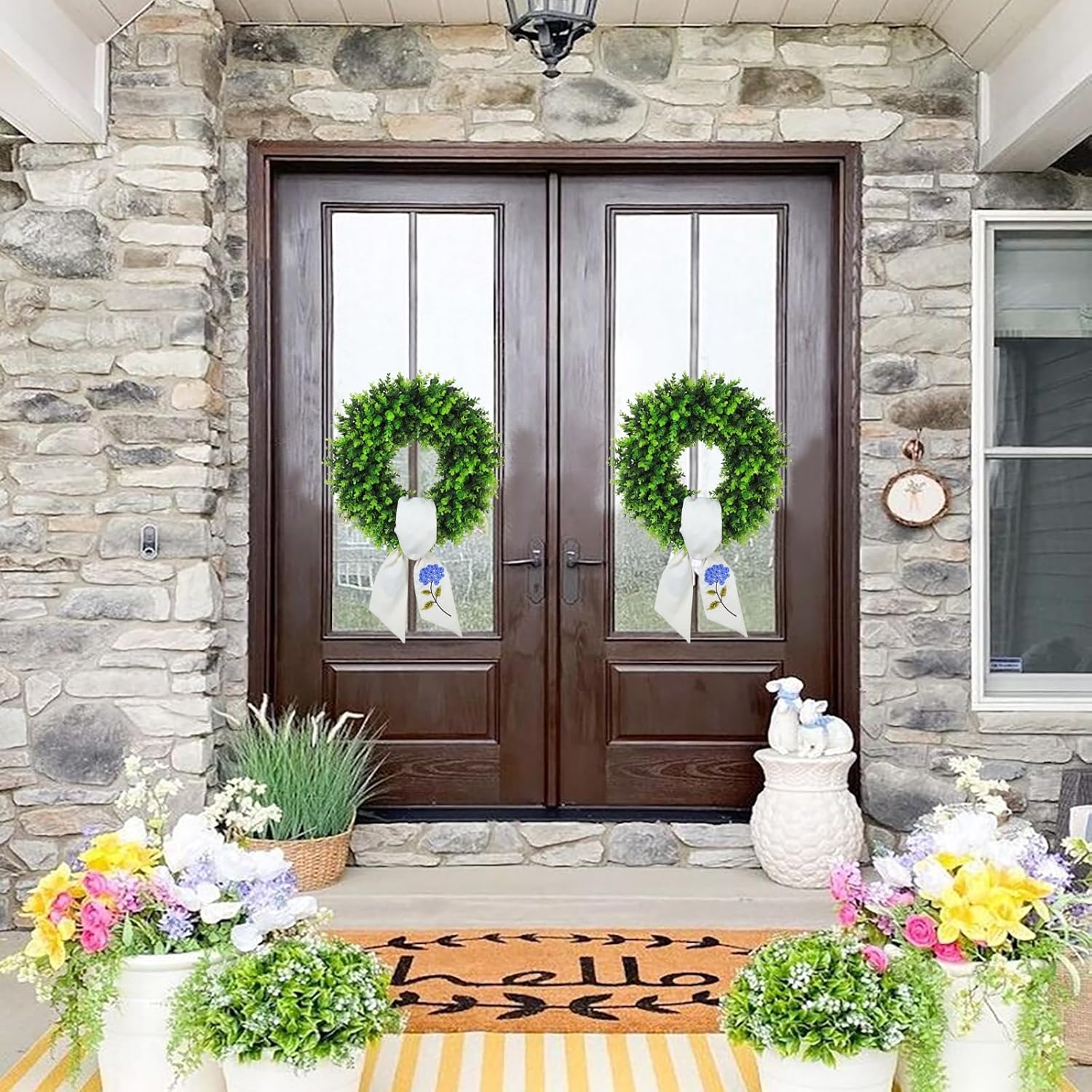 Vofuly Boxwood Wreath with Monogram Sash - 20 Inch