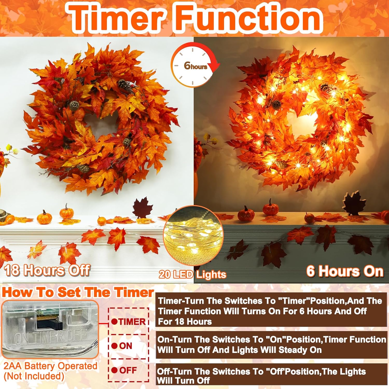 24 Inch Lighted Fall Wreath with Timer for Front Door