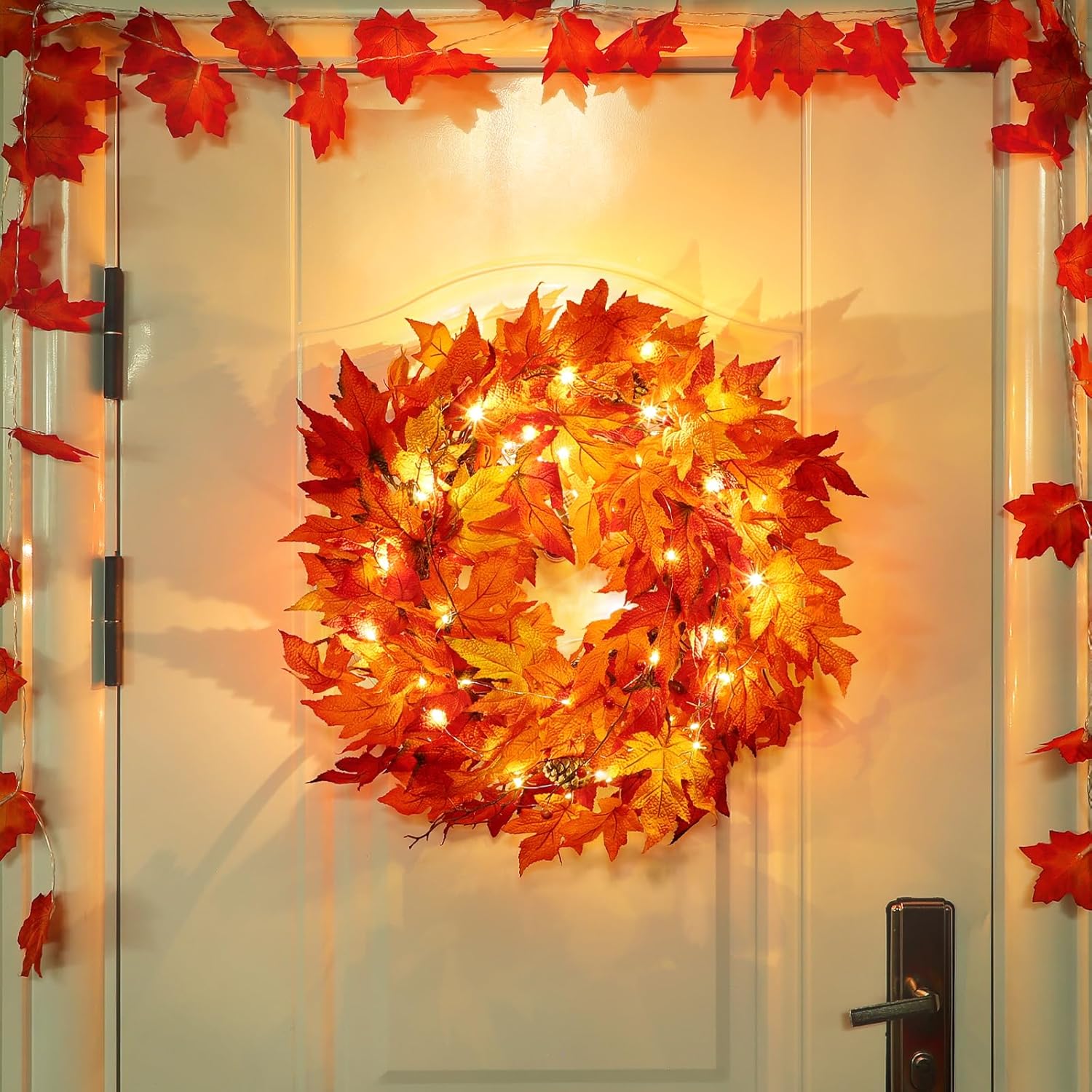 24 Inch Lighted Fall Wreath with Timer for Front Door