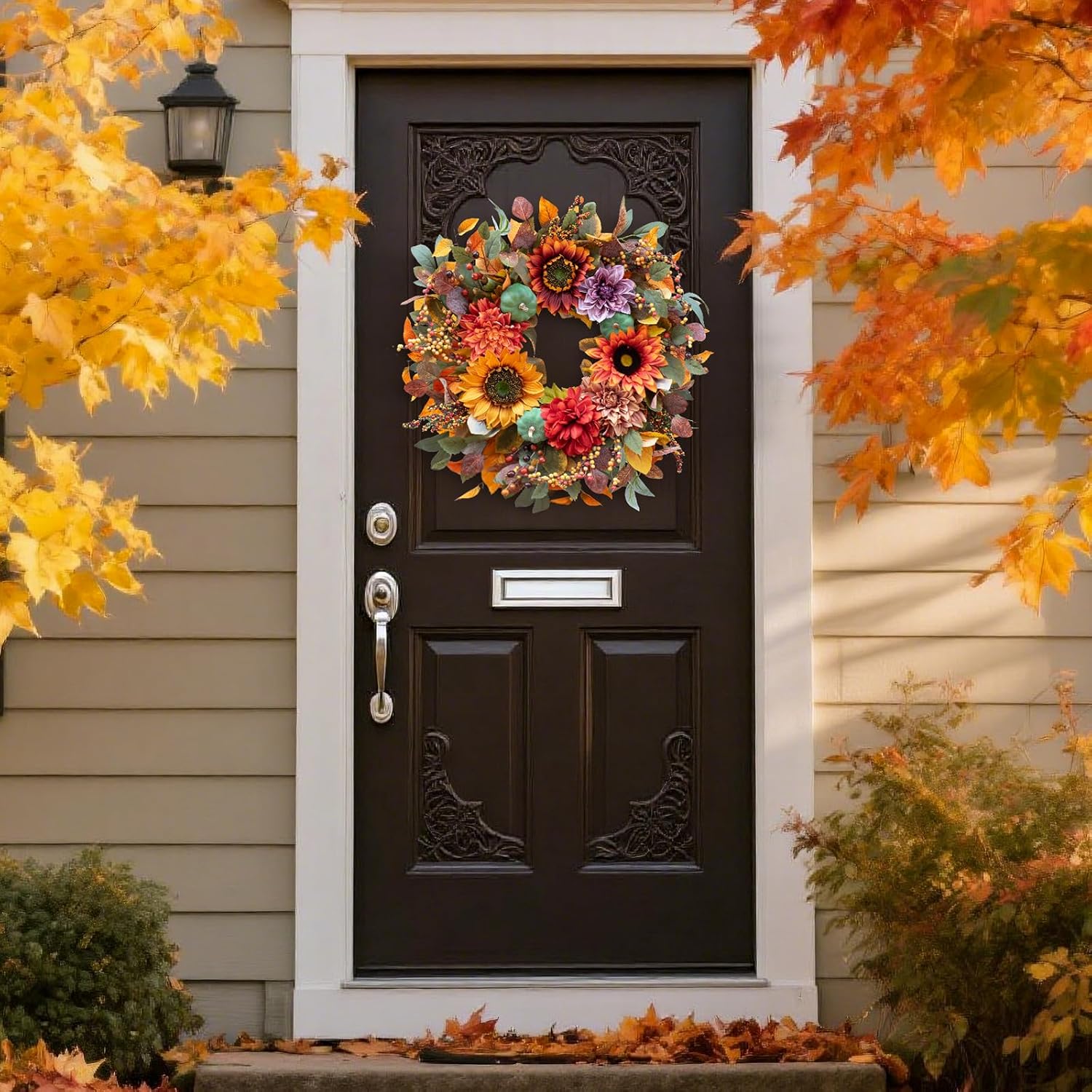 24 Inch Fall Door Wreath with Pumpkins and Berries