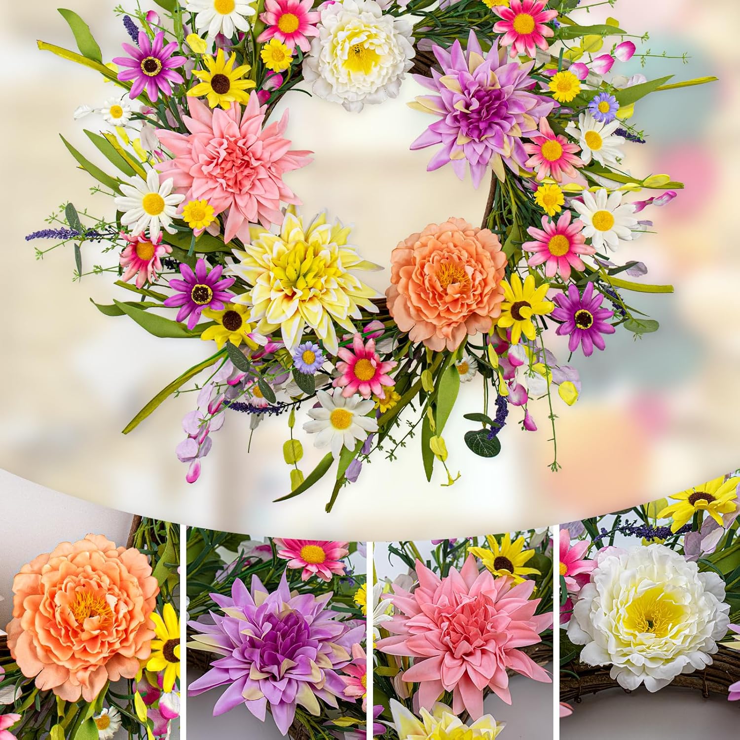 Vibrant Spring Floral Wreath 22 Inch for Front Door
