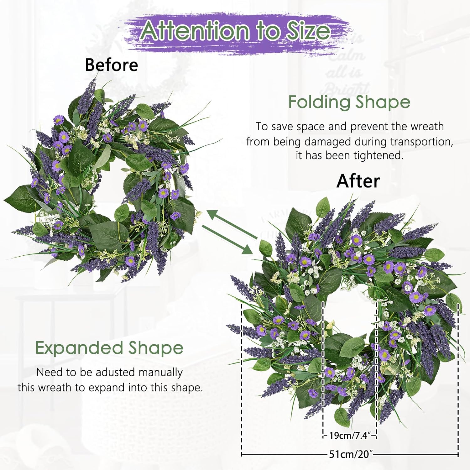 Lavender Wreath for Front Door 20 inch Artificial Farmhouse Decor